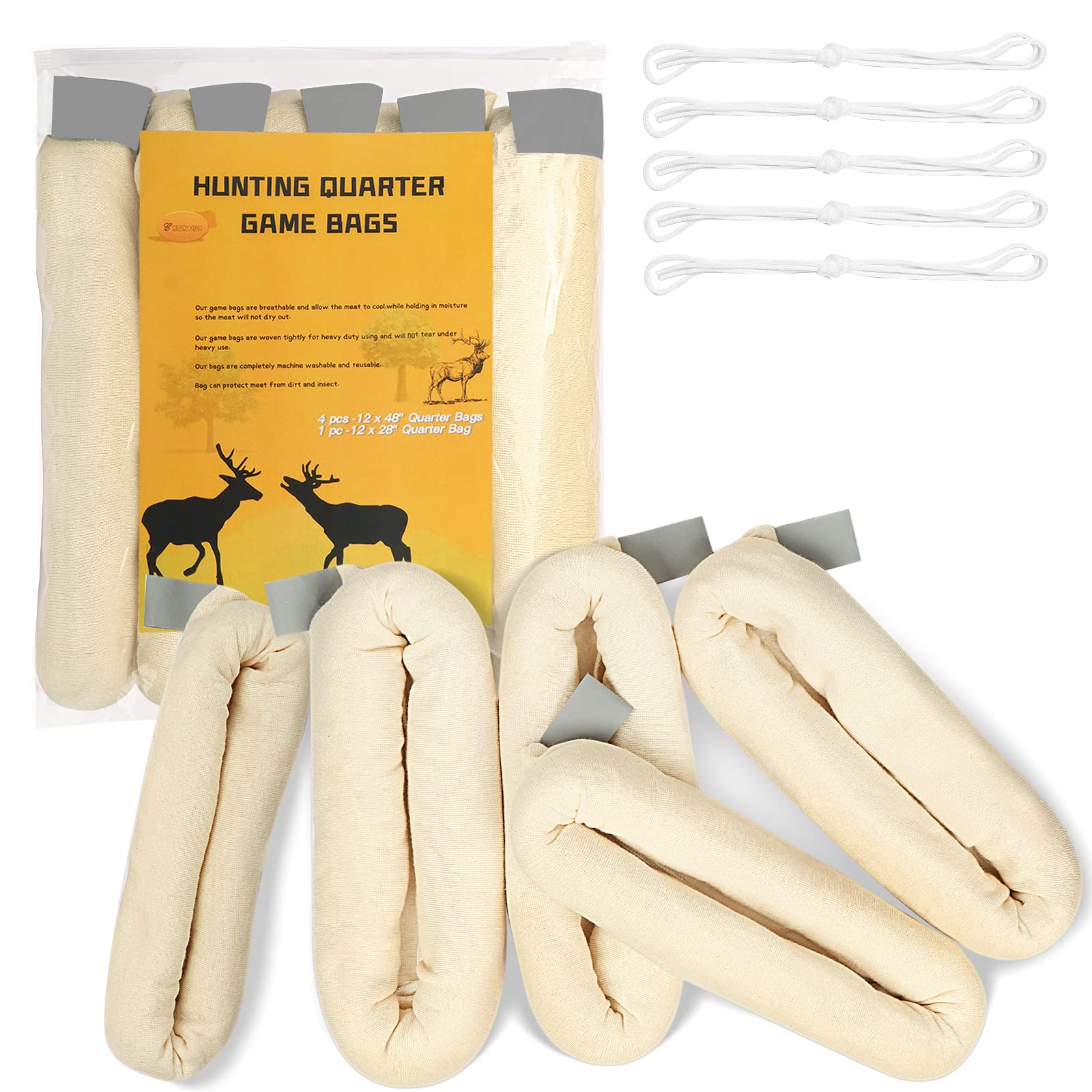 Reusable Heavy Duty Elk Hunting Game Bags - 5 Pack Quarter Bags for Deer, Caribou & Big Game | Durable Meat Storage for Hunting Trips & Field Processing | Perfect for Camping, Backpacking & Outdoor Adventures