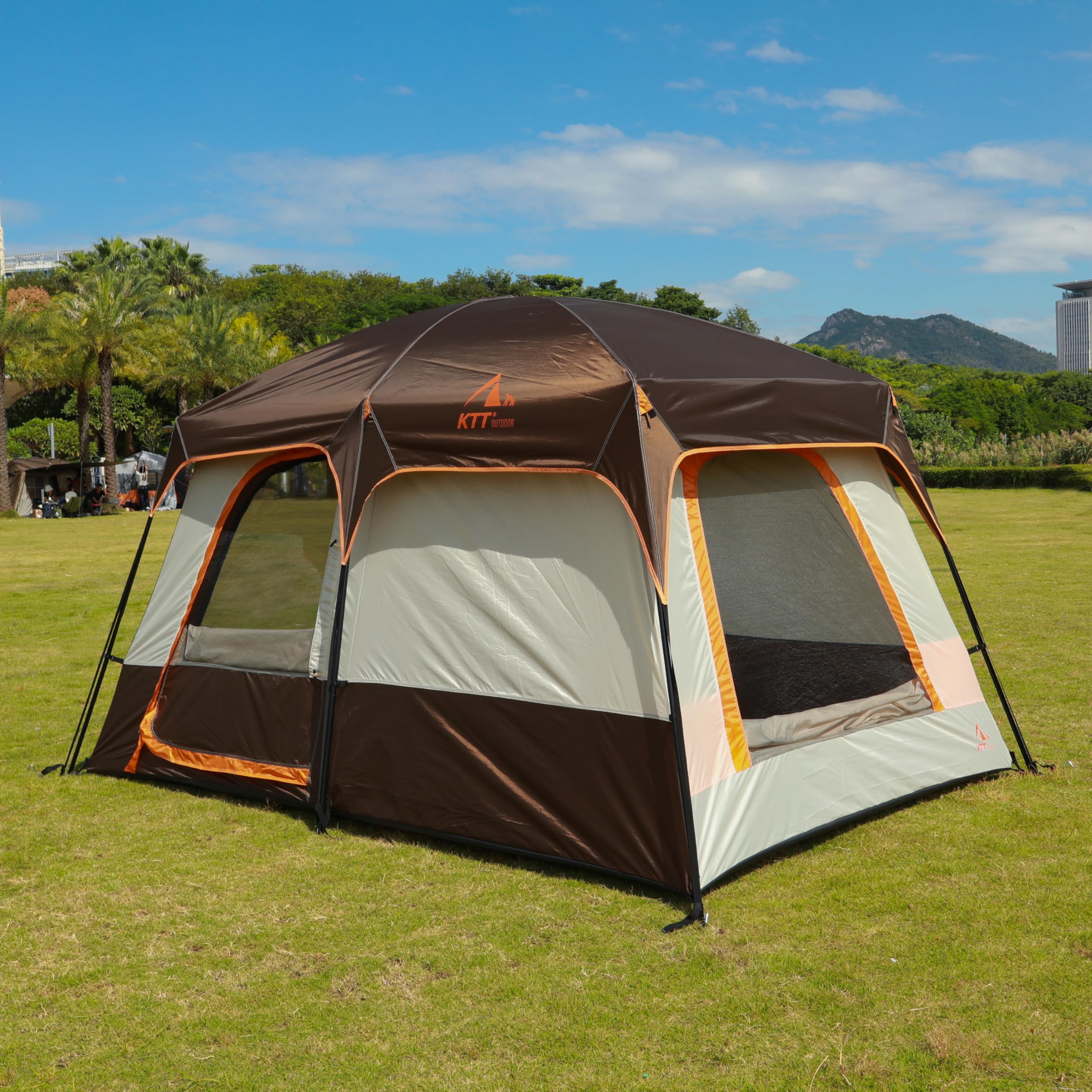 KTT Large Family Camping Tent for 6-8 Person, Waterproof Straight Wall Cabin Tent with 3 Doors & 3 Mesh Windows - Perfect for Outdoor Adventures, Picnics, Family Gatherings & Backyard Camping