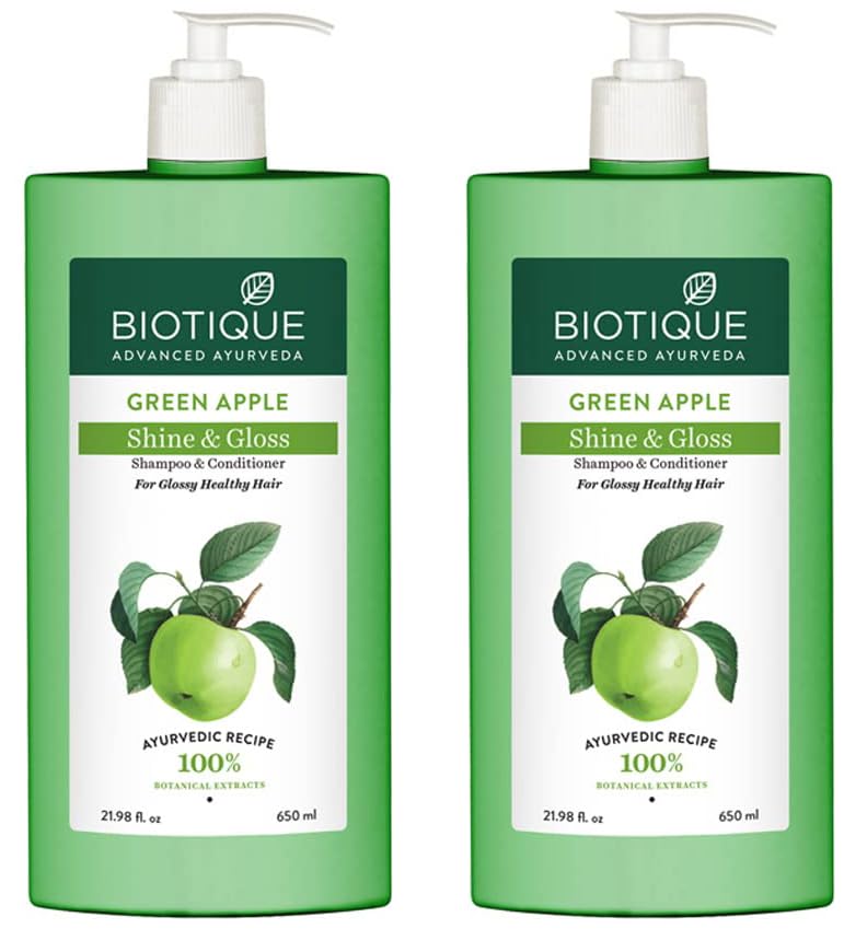 Biotique Green Apple Shine & Gloss Shampoo and Conditioner Set - 650ml | 100% Natural Botanical Extracts for Healthy, Shiny Hair | Nourishes Scalp & Softens Hair | Suitable for All Hair Types | Perfect for Daily Hair Care & Salon-Quality Results at Home