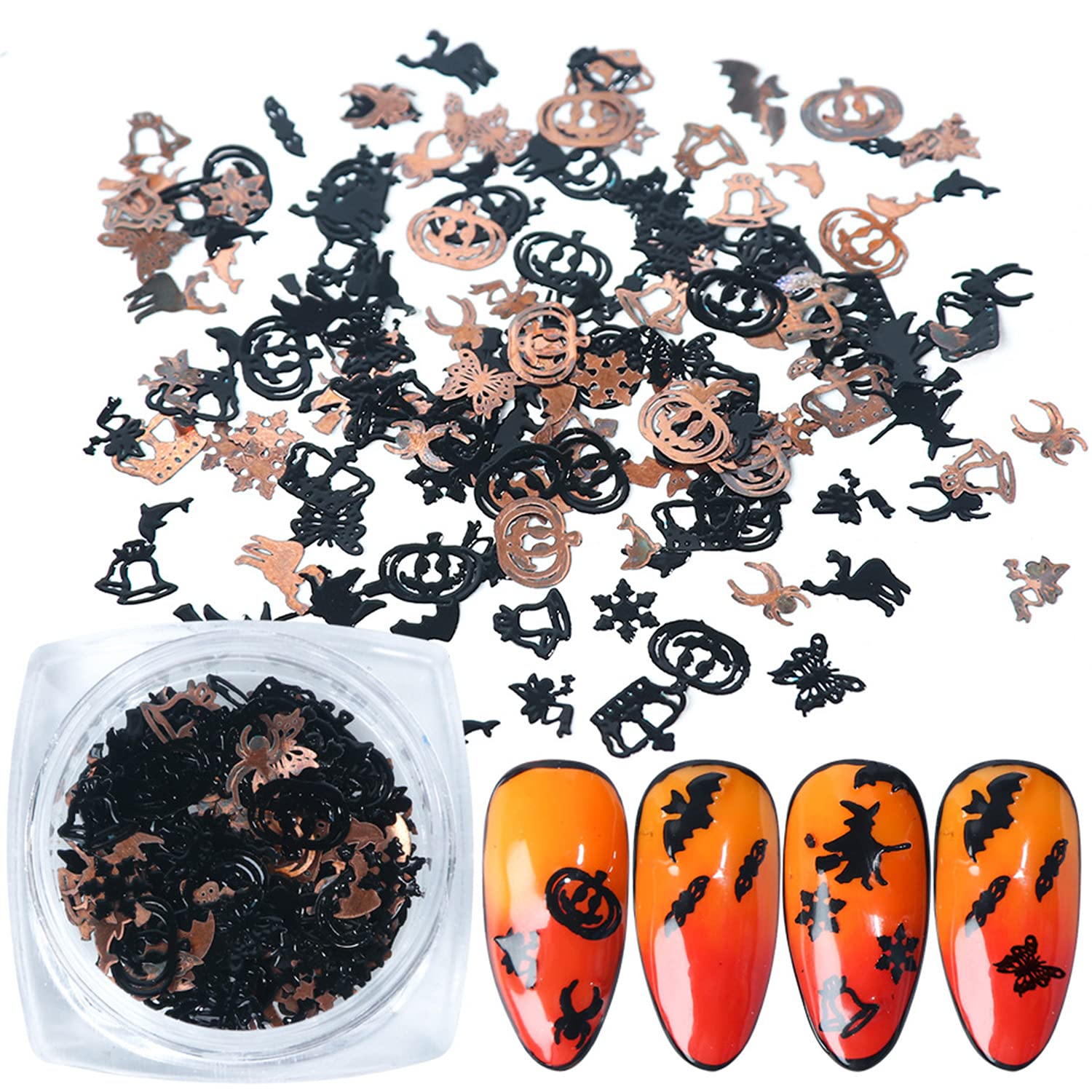 Halloween 3D Nail Art Glitter Sequins - Holographic Day of The Dead Laser Sparkly Flakes, Bat Witch Pumpkin Elk Snowflake Nail Decorations for Nail Stickers - Perfect for Halloween Parties, Nail Salon Designs & Holiday Nail Supplies (3 Boxes)