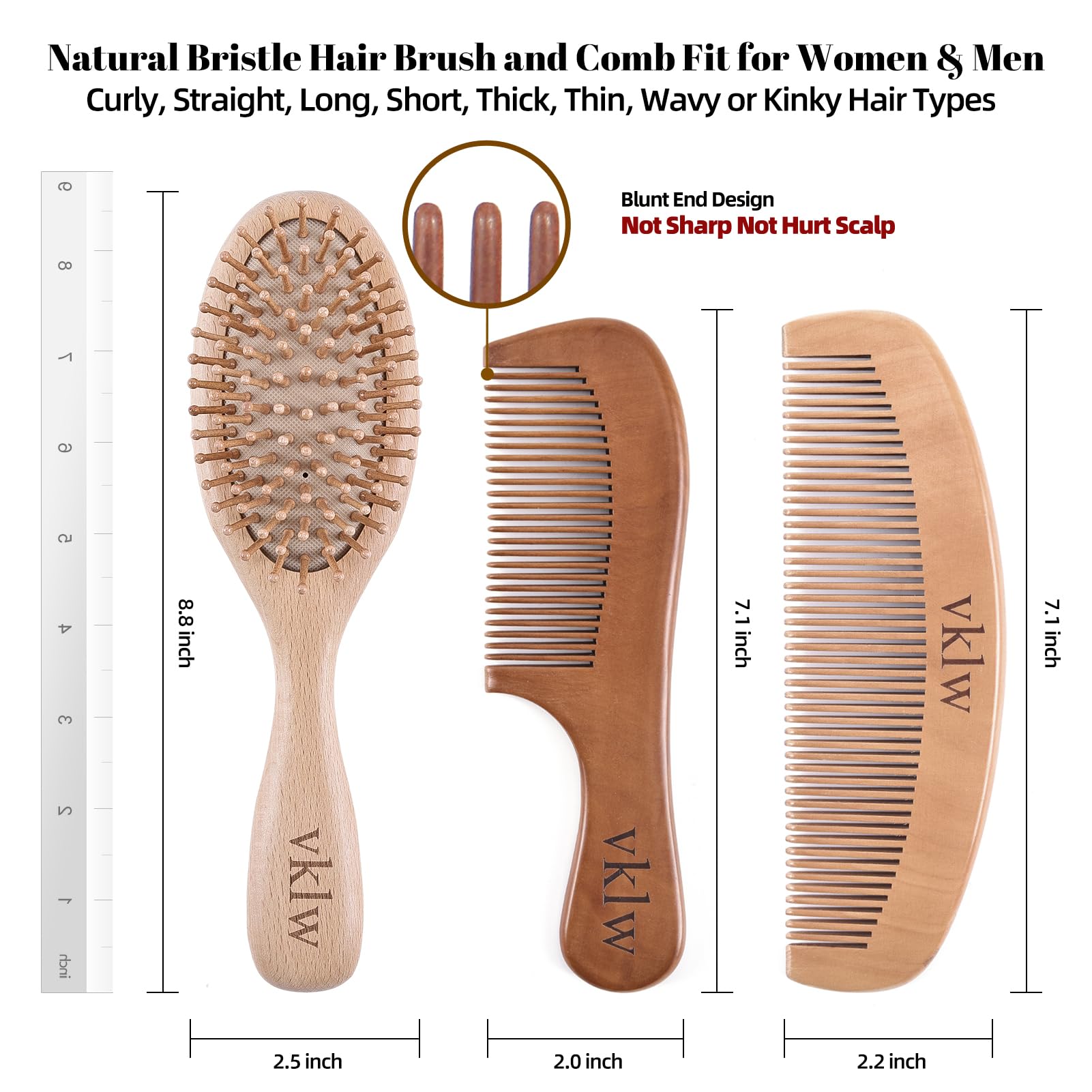 Wooden Hair Brush & Comb Set - Reduce Frizz, Static & Scalp Massage for Women & Kids - Home & Travel Use