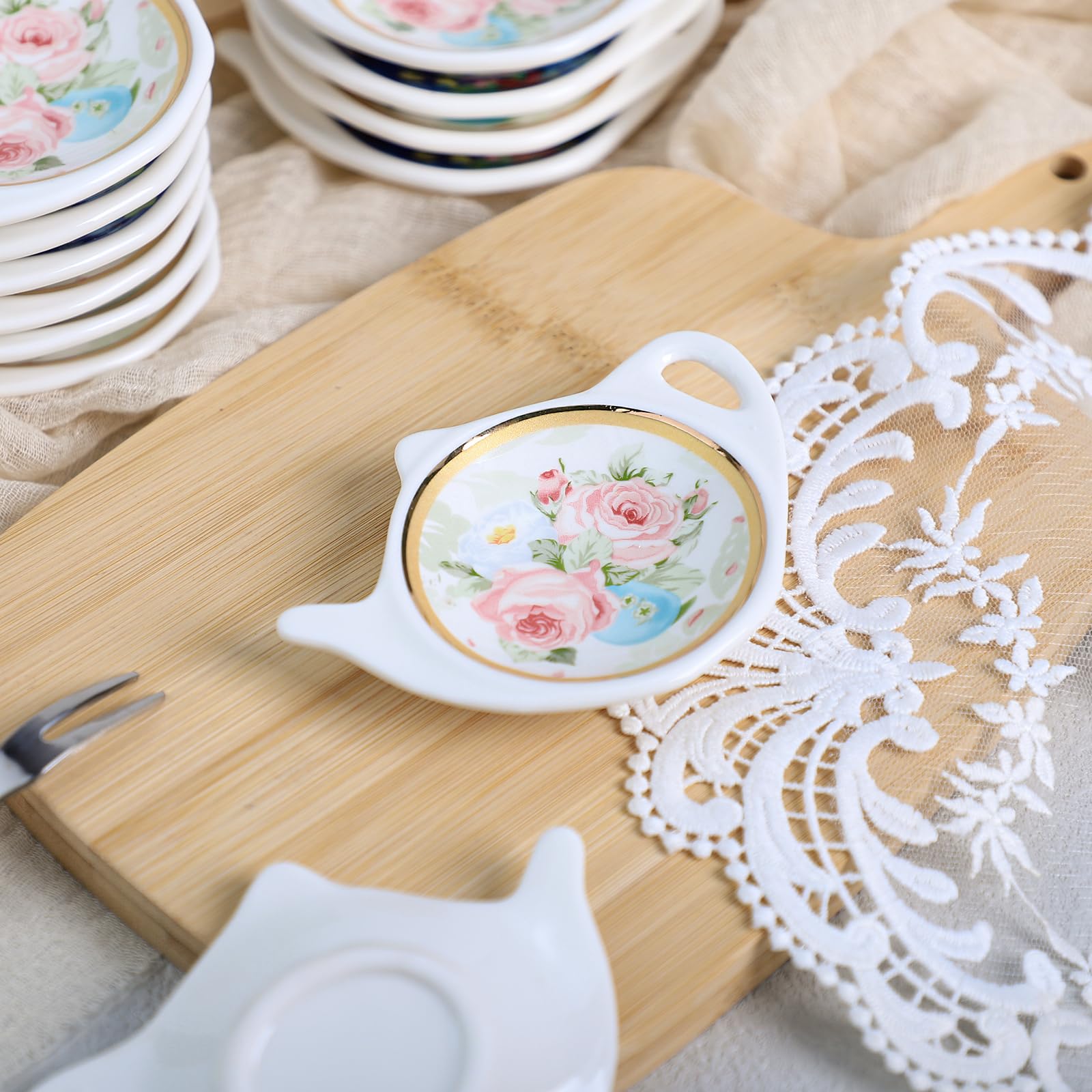Floral Tea Bag Holder with Golden Trim - Porcelain Teapot-Shaped Coaster & Saucer Set of 5 (4 Inch/10cm) - Perfect for Afternoon Tea, Kitchen Decor, and Gift Giving
