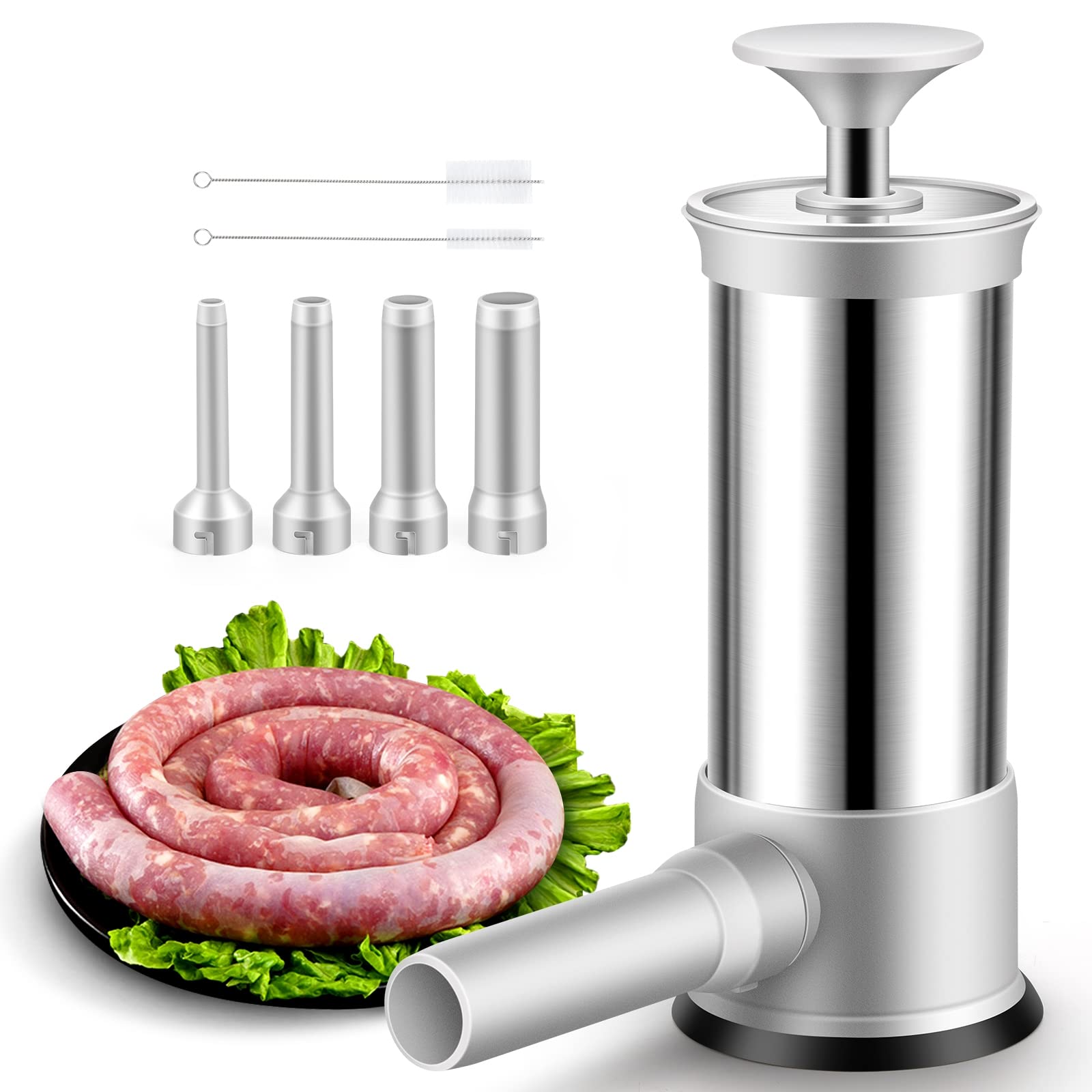 Stainless Steel Vertical Sausage Stuffer & Sausage Maker with 4 Stuffing Tubes - 2.2LB Manual Sausage Stuffer Machine for Home Kitchen, Butcher Shop & Sausage Making Enthusiasts