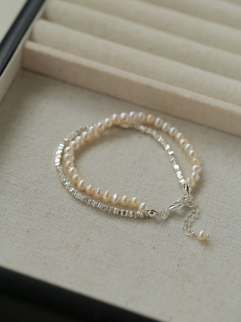 Elegant Double Layer Pearl Bracelet with Crushed Silver Shards - Perfect for Weddings, Parties & Special Occasions
