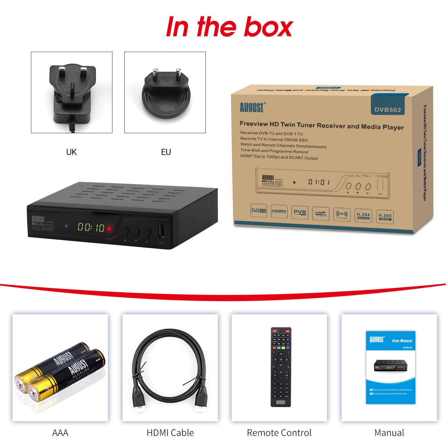 Freeview TV Recording Box with 256GB Internal SSD Storage - Record 100+ Hours of TV Shows | August DVB502 | Perfect for Cord-Cutters & TV Enthusiasts