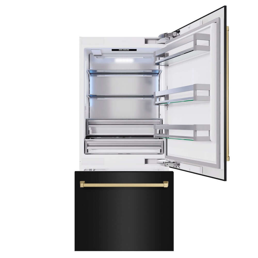 ZLINE Autograph Edition 36 Inch Built-In Bottom Freezer Refrigerator - 19.8 cu.ft Capacity, Black Stainless Steel with Champagne Bronze Accents, Water Dispenser & Ice Maker - Perfect for Modern Kitchens & Open Concept Homes (RBITZ BS 36 CB)