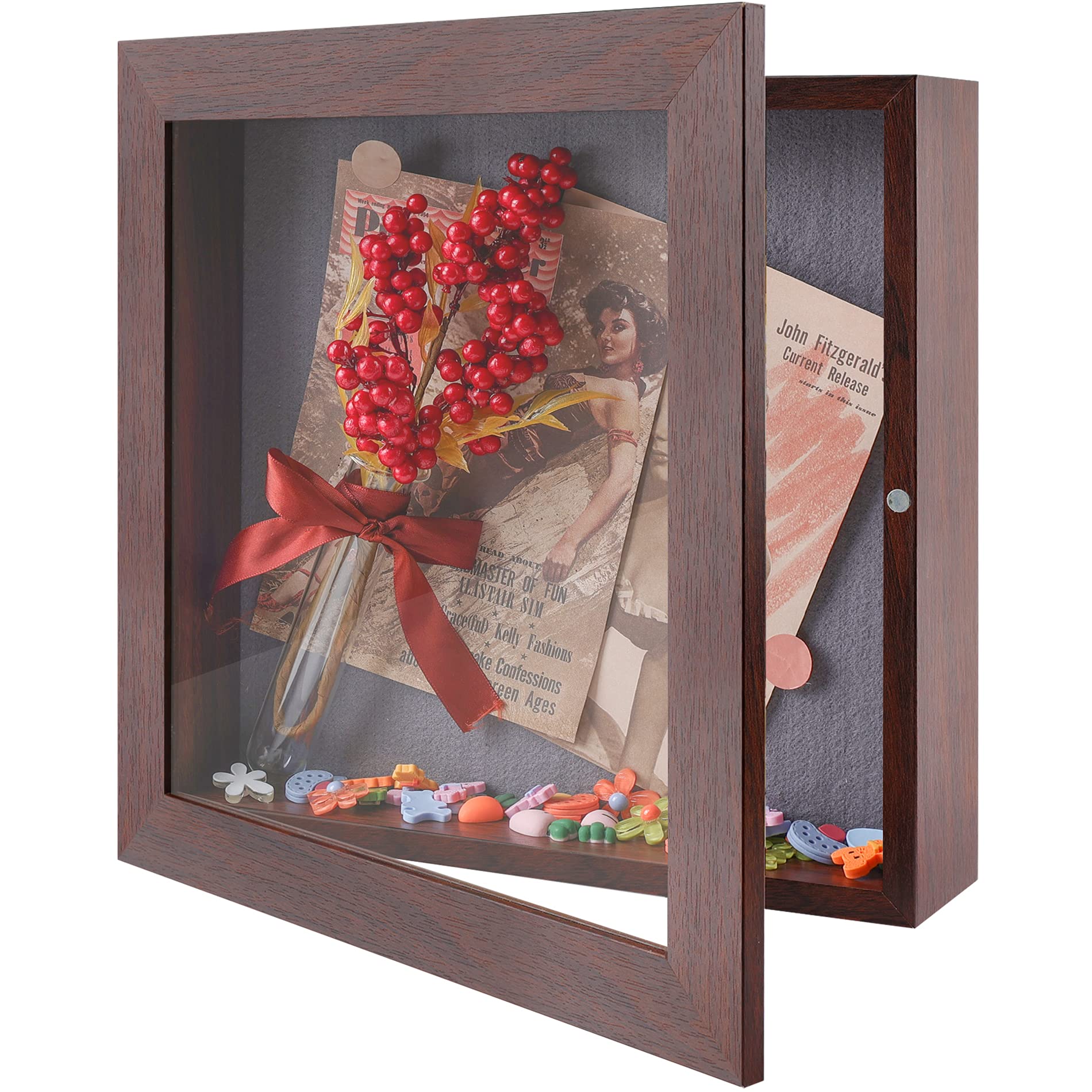 Frametory 11x11 Inch Shadow Box Frame - Front Opening Display Case with 2 Inch Depth - Wall & Tabletop Memory Keepsake Box - Includes 6 Pins (Walnut Finish) - Perfect for Wedding Photos, Baby Memorabilia, Sports Awards Display
