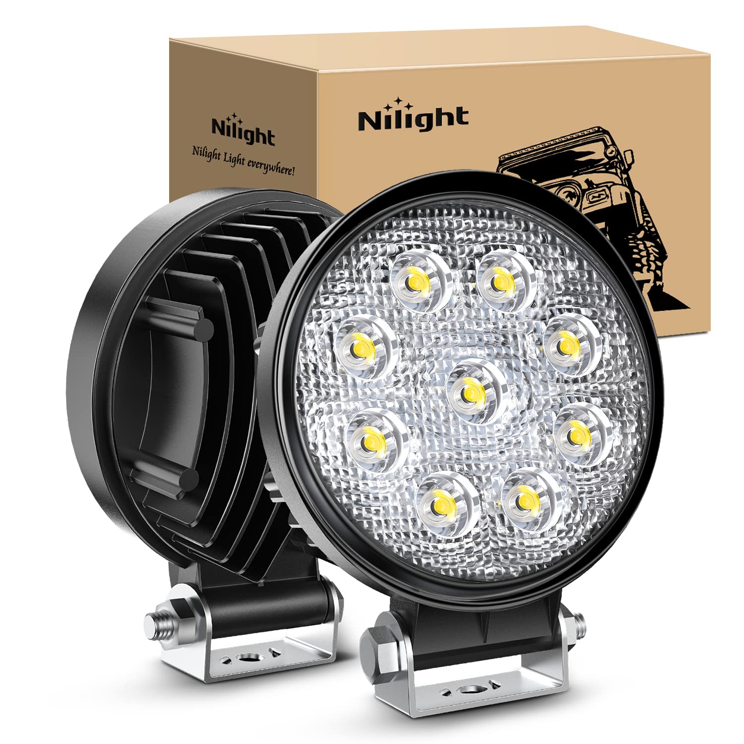 Nilight NI16E-27W 4.5 Inch LED Light Bar - 2 Pack 27W 3000LM Round Spot Pod Lights for Off-Road, Fog, Driving - Waterproof Roof & Bumper Mount for Jeep, SUV, Truck, Hunting - Perfect for Night Driving & Outdoor Adventures - 2 Year Warranty