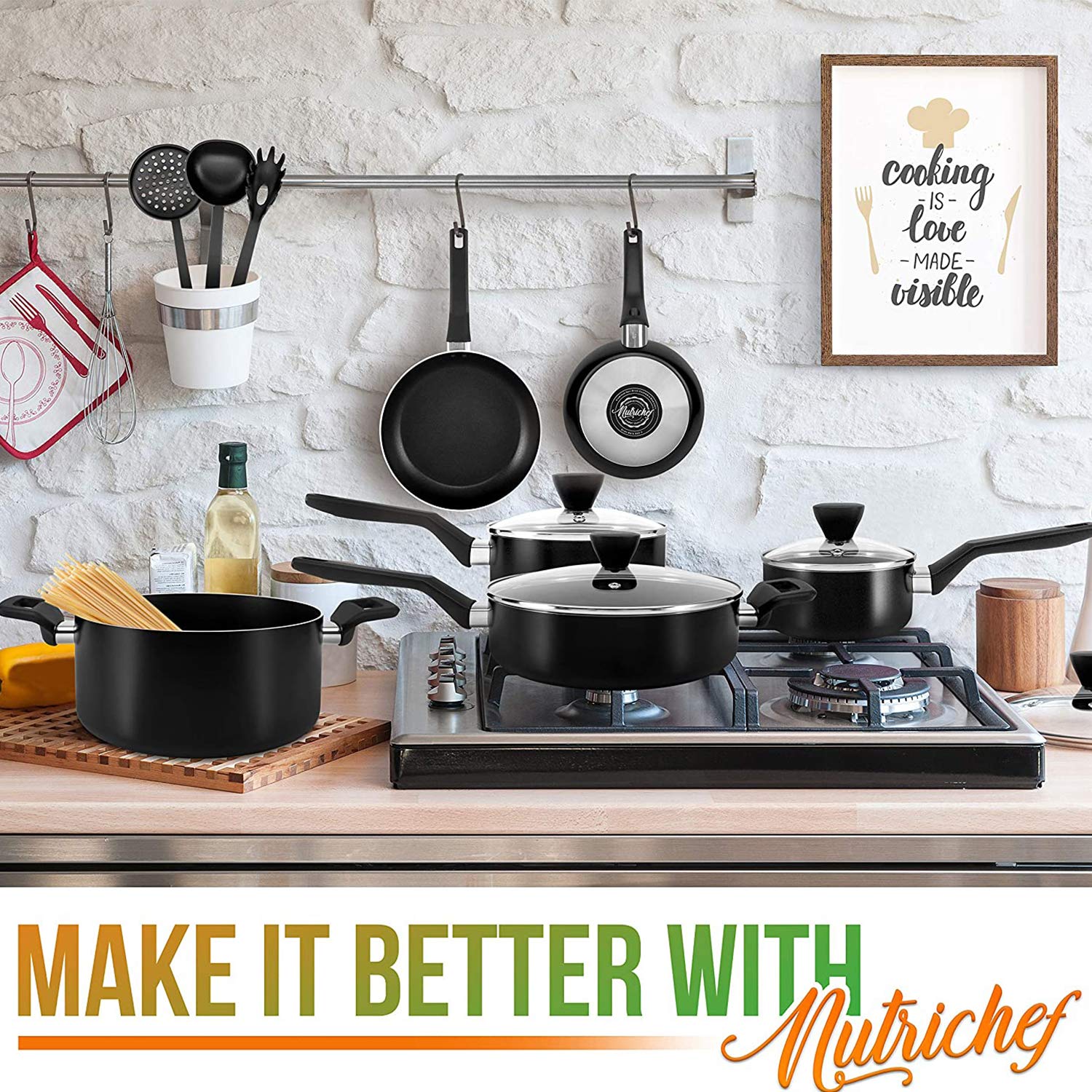 NutriChef 26-Piece Aluminum Nonstick Cookware Set with Lids & Utensils - Black Pots & Pans for Home Cooking | Perfect for Family Meals, Baking & Everyday Kitchen Use