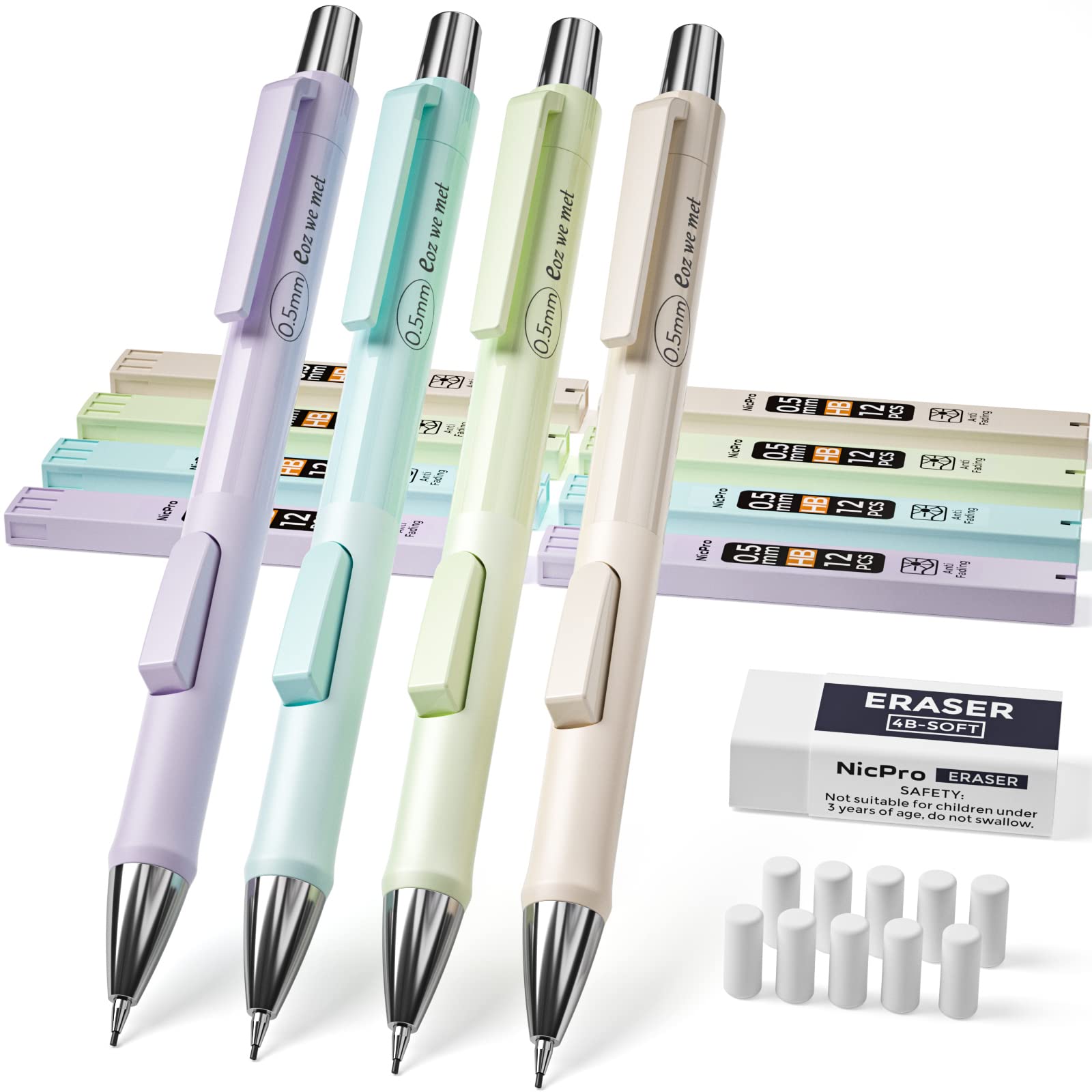 Nicpro 4-Piece Pastel Colored 0.5mm Mechanical Pencil Set with 8 HB Lead Refills, Erasers & Case - Perfect for School, Office, Sketching, Drawing & Note Taking | Cute Clickable Writing Tools for Students & Artists