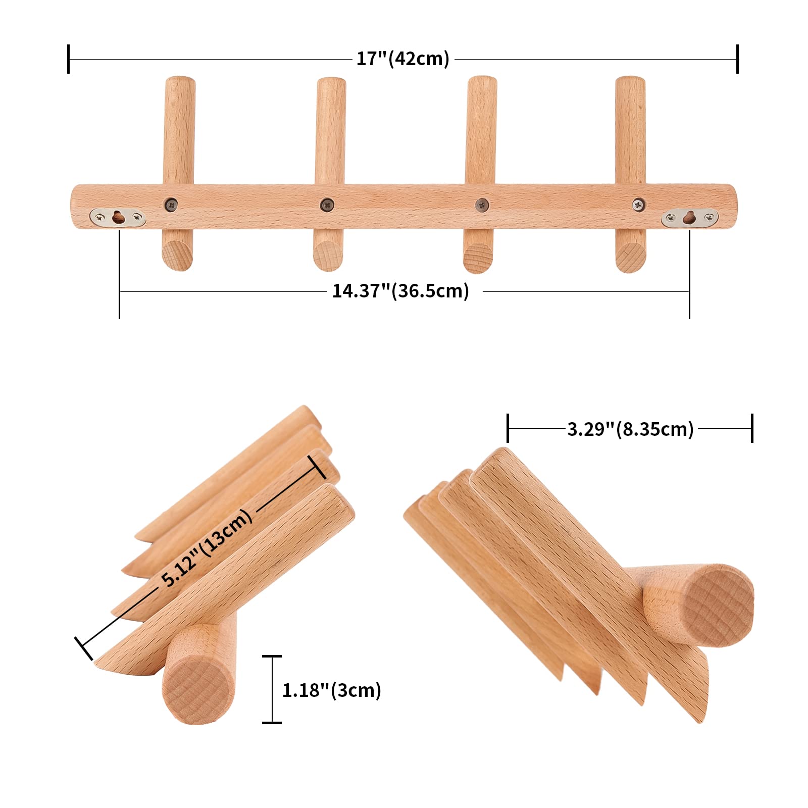Modern Wooden Coat Rack Wall Mounted - 4 Pegs Wood Wall Hooks for Hanging Clothes, Robes, Towels & Hats | Space-Saving Entryway, Bedroom & Bathroom Organizer | Perfect for Small Spaces & Home Decor