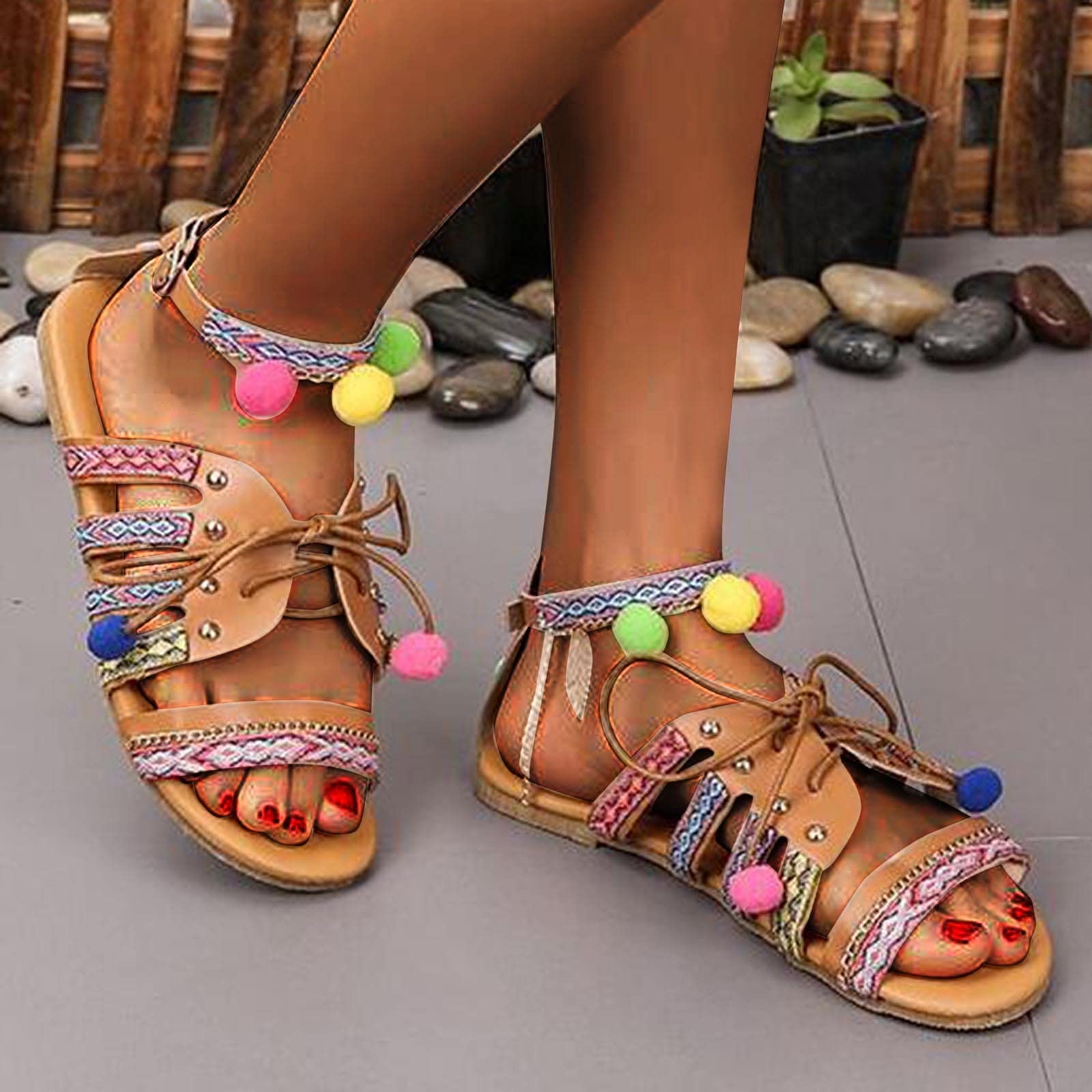AnFeng Women's Bohemian Flat Fish Mouth Sandals - Comfortable Summer Beach Sandals for Women (Brown, Size 6.5-7) | Perfect for Vacation, Casual Outings & Beach Wear