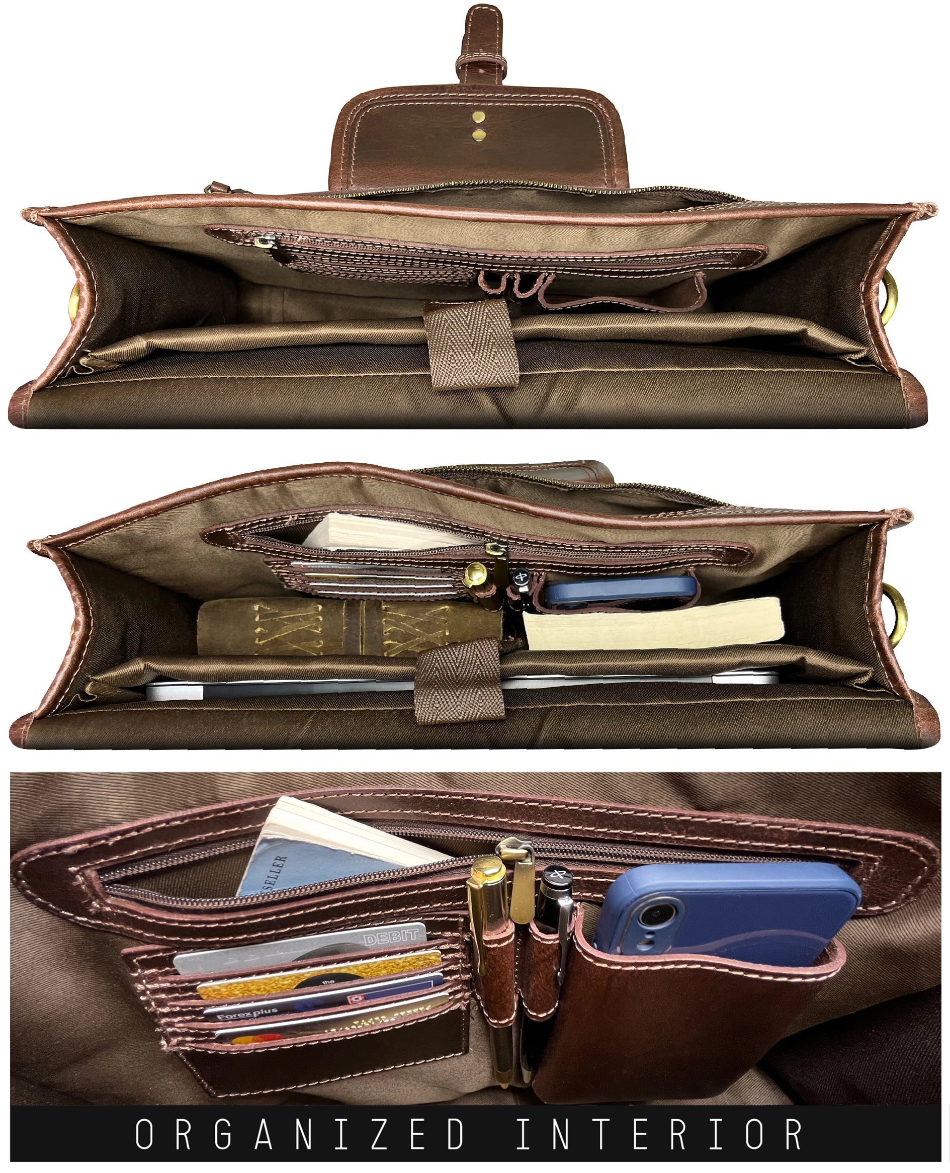 Hunter Buffalo 16 Classic Leather Satchel Briefcase Bag for Men & Women - Genuine Walnut Brown Business Bag - Perfect for Office, Work, Travel & Daily Commute