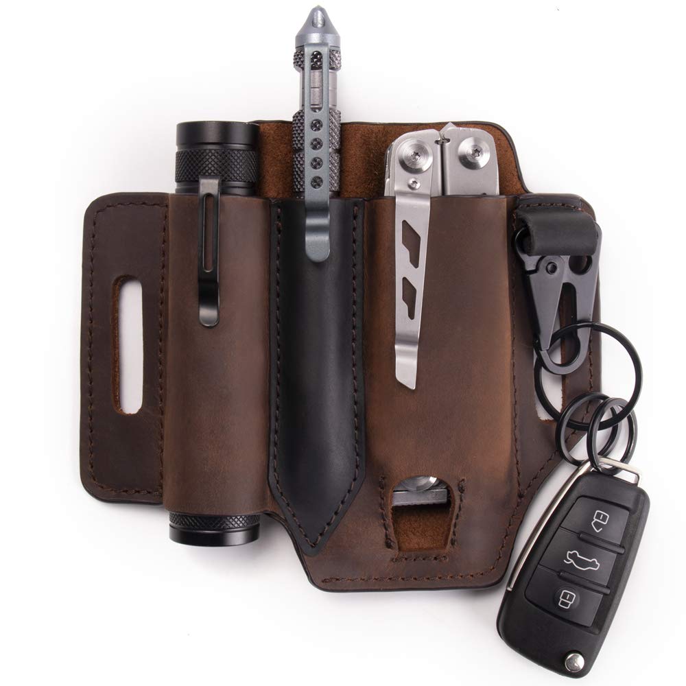 Premium Leather EDC Pocket Organizer for Men - Belt Sheath for Multitool, Pen Holder, Key Fob & Flashlight | Durable Leatherman Sheath in Dark Brown | Perfect for Outdoor Adventures, Camping & Everyday Carry