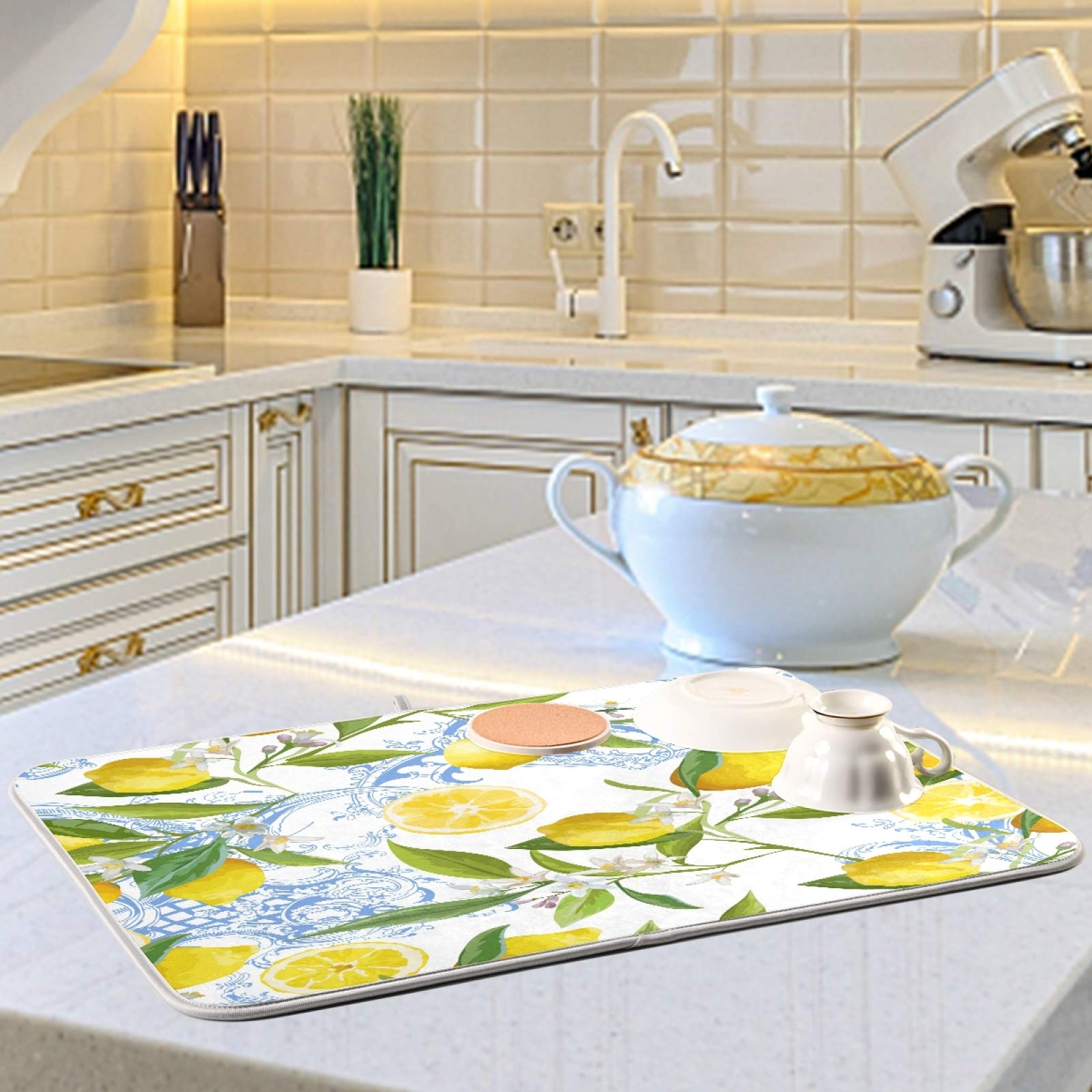 ALAZA Baroque Yellow Lemon Print Dish Drying Mat - Super Absorbent Microfiber Kitchen Countertop Pad (16x18 Inch) - Perfect for Drying Dishes, Fruits & Protecting Countertops