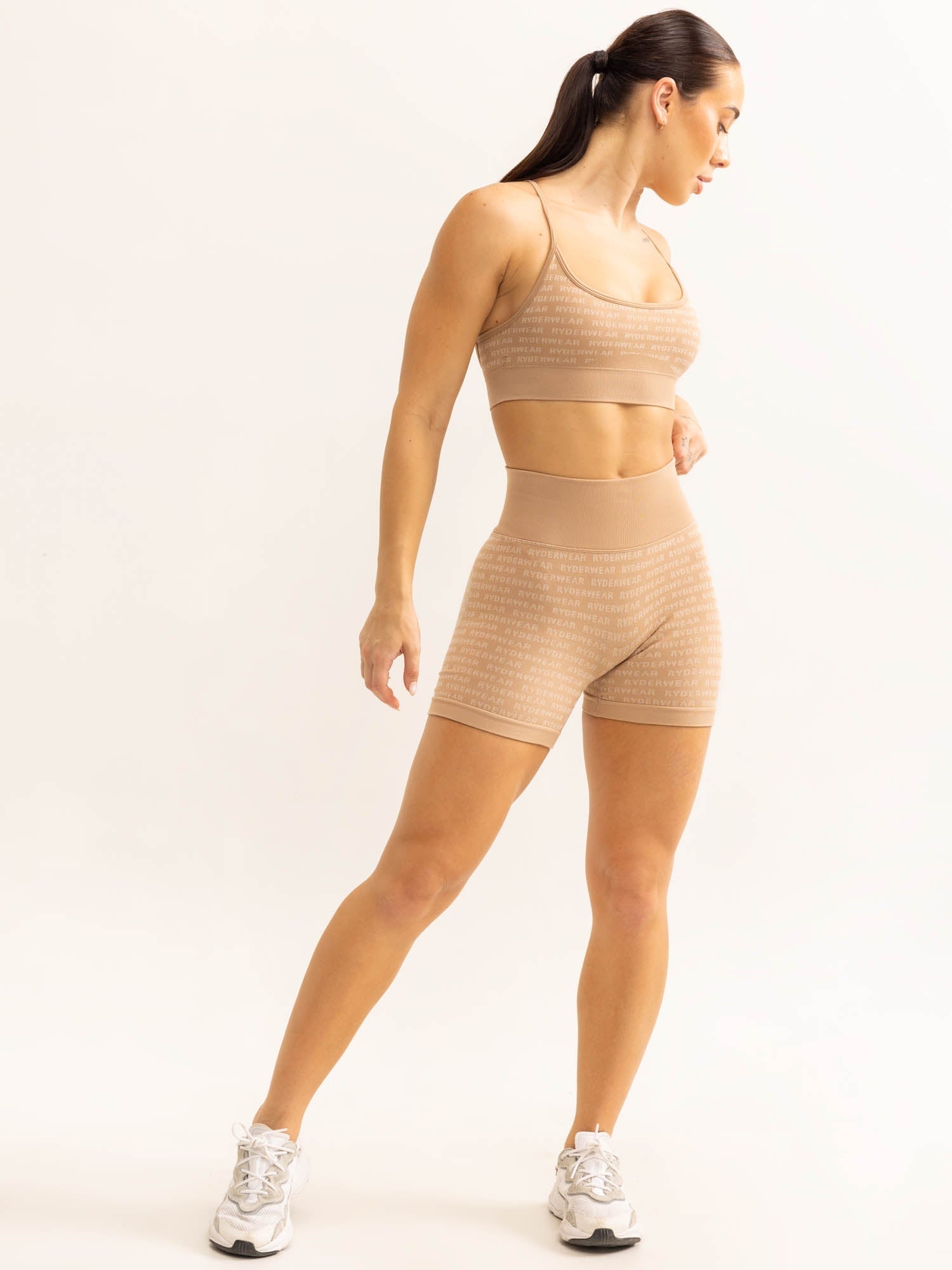 Logo Lux Seamless Shorts for Women - Comfortable High Waisted Yoga Shorts in Tan | Perfect for Workout, Lounge & Summer Activities