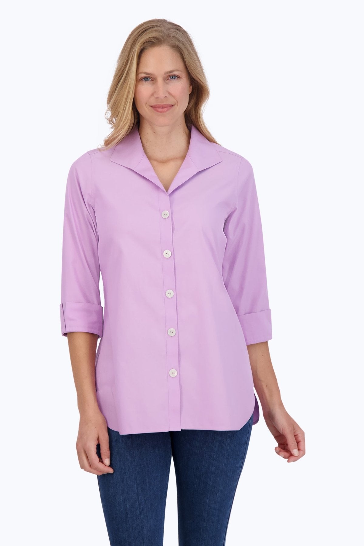Pandora No Iron Pinpoint 3/4 Sleeve Tunic Shirt - Wrinkle-Free Women's Blouse for Work & Casual Wear | Perfect for Office, Travel & Everyday Outfits
