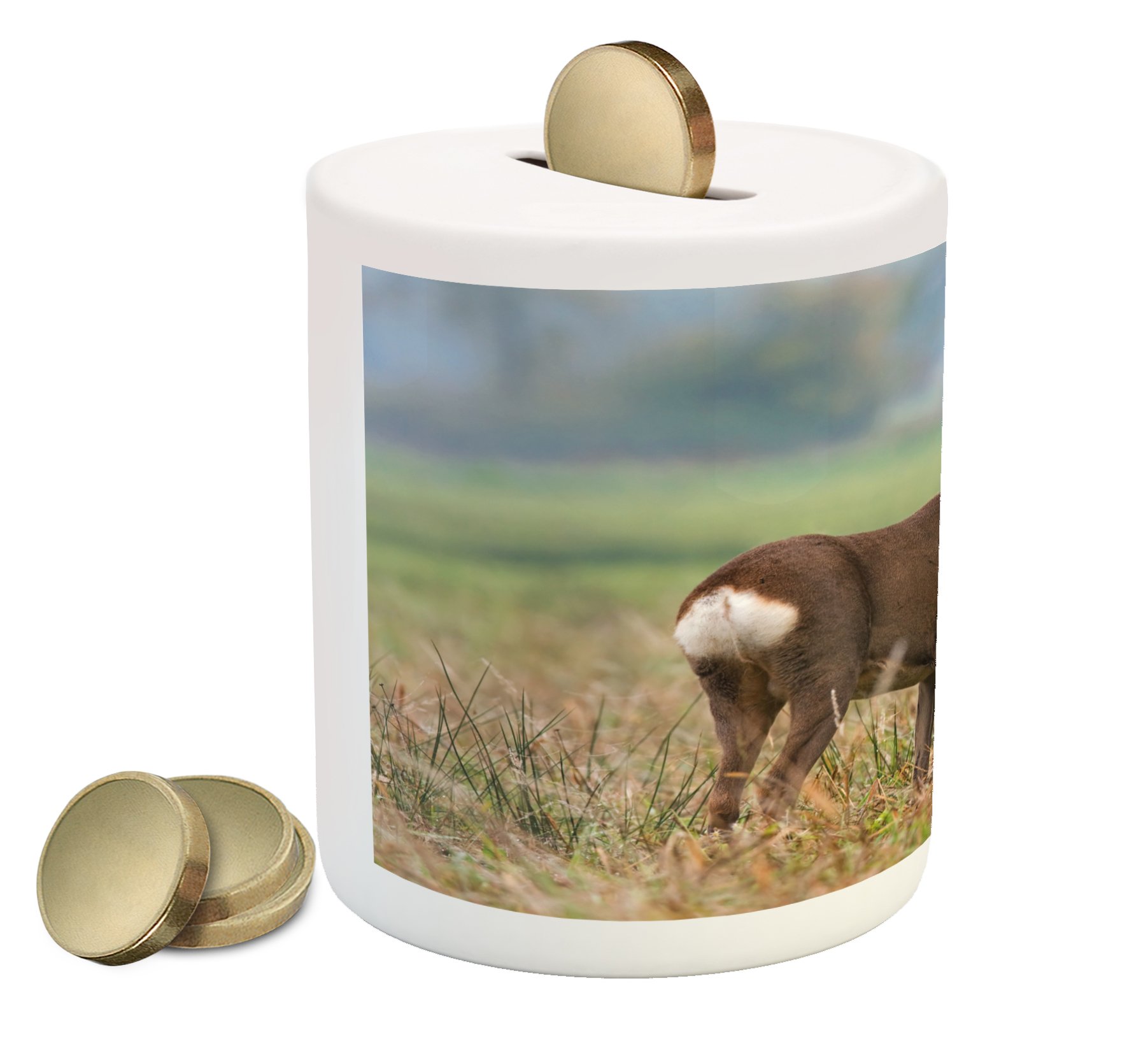 Ambesonne Hunting Piggy Bank - Roe Deer Male Capreolus Western European Wildlife Ceramic Coin Bank for Cash Saving | Unique Money Box for Home Office Decor, Kids Savings & Gift Ideas | Multicolor Printed Design