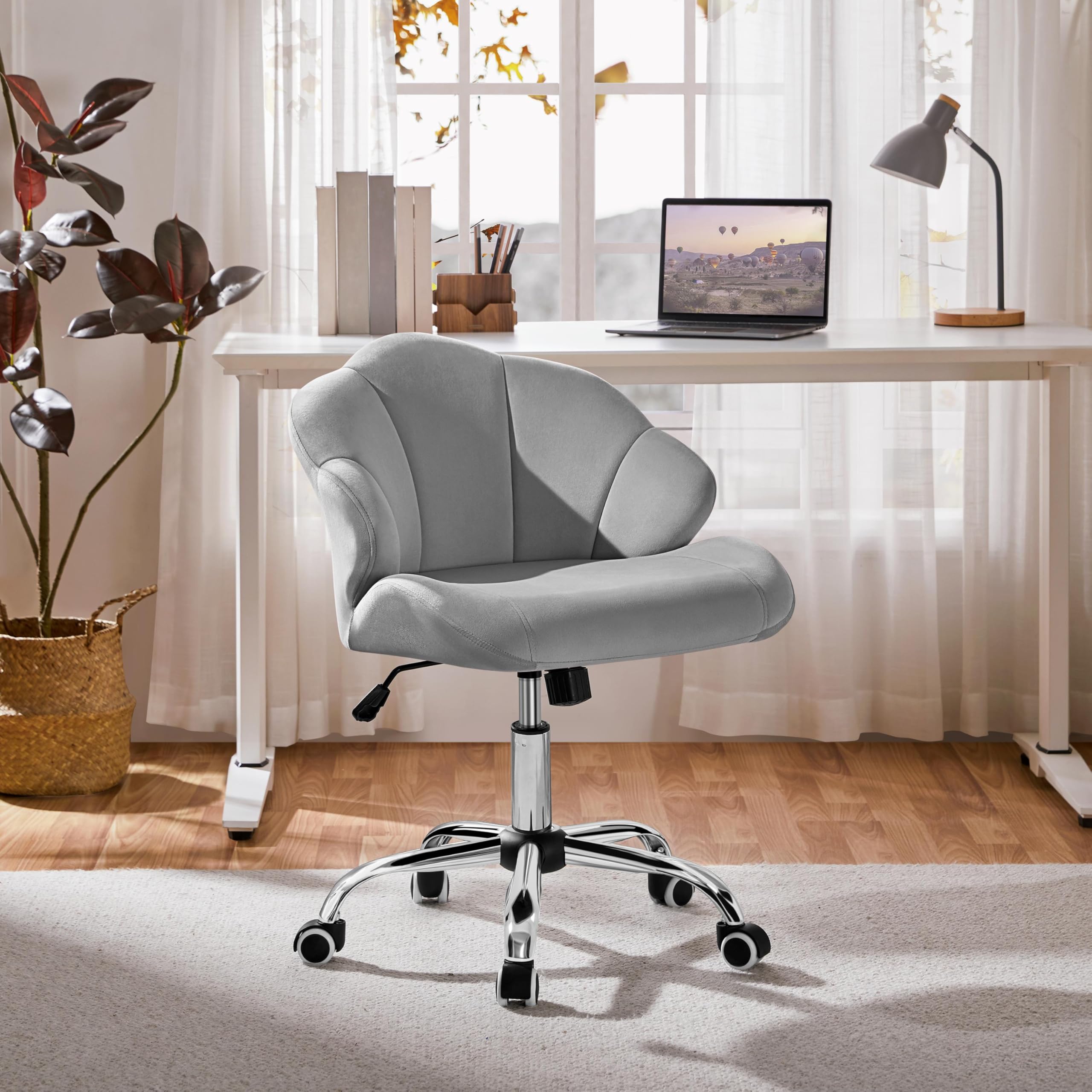 Yaheetech Velvet Swivel Vanity Chair with Wheels - Adjustable Height Home Office Desk Chair with Shell-Shaped Backrest for Bedroom Makeup & Dressing Table (Light Gray) - Perfect for Beauty Salon, Bridal Dressing Room & Home Office Workspace