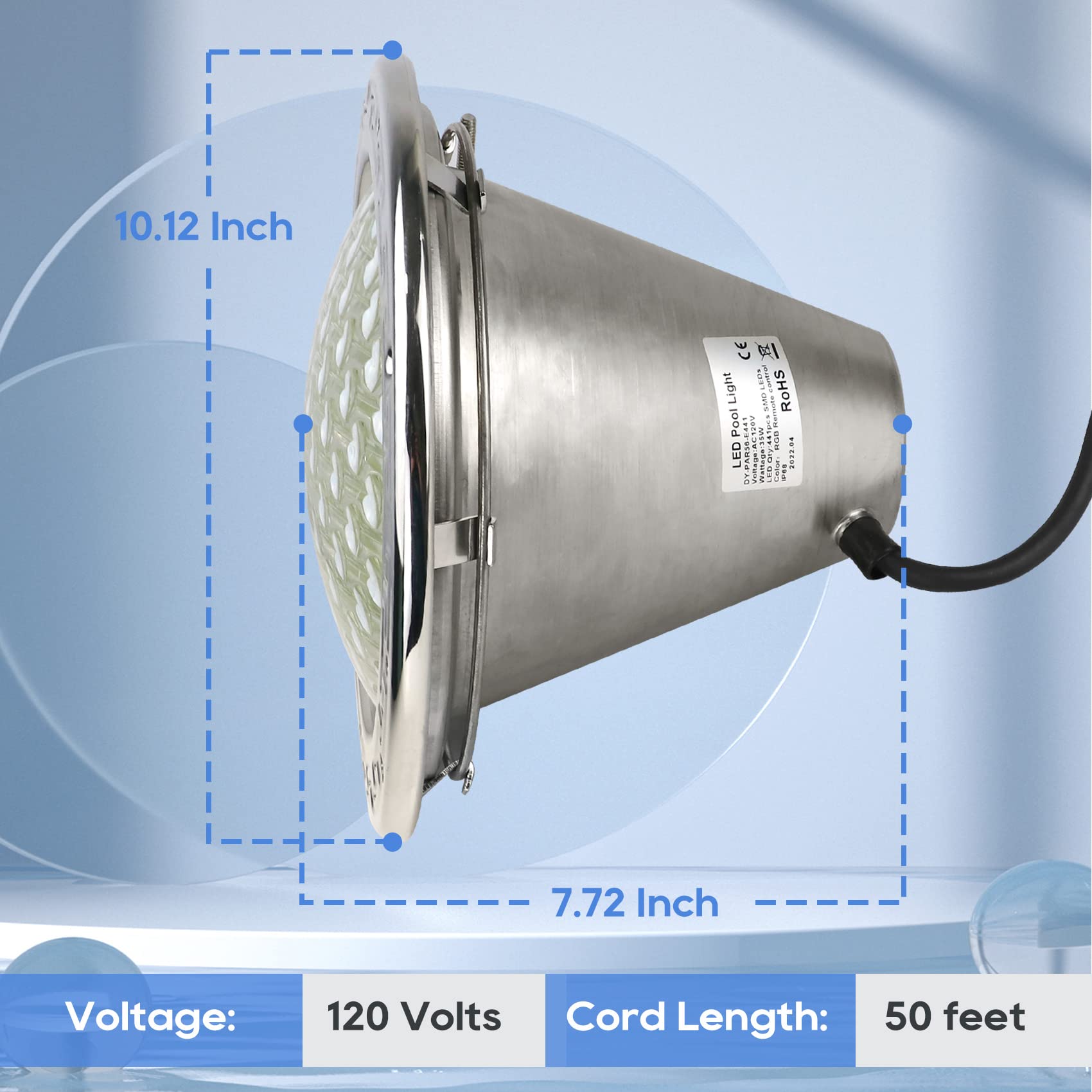 50FT 120V White Inground Pool Light - 10 Inch Underwater Swimming Pool & Spa Light Replacement for Crystal Clear Night Swimming | Perfect for Backyard, Resort & Commercial Pools