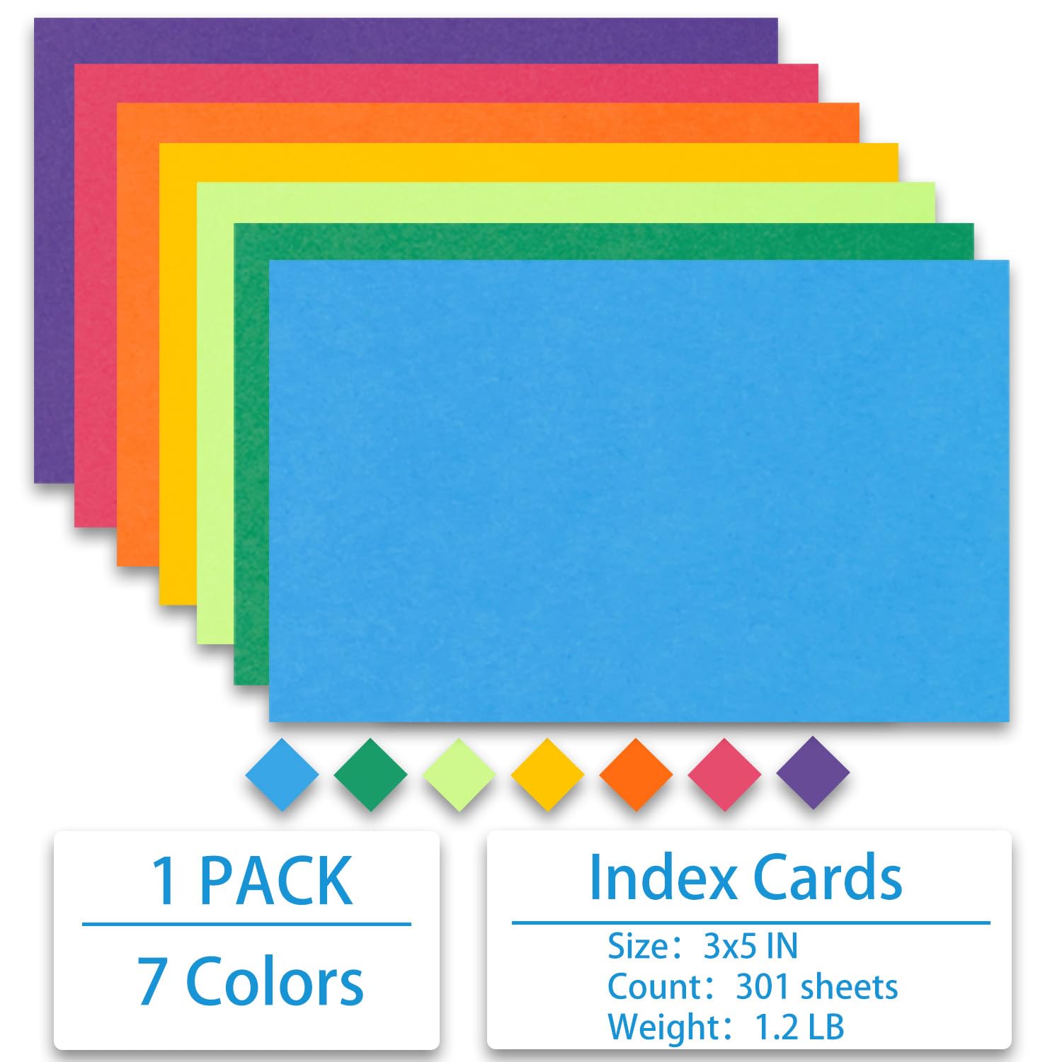 Colorful 3x5 Inch Index Cards - 301-Count Heavyweight (178GSM) Study Flash Cards in 7 Rainbow Colors for Note Taking, Studying & Organization - Perfect for Students, Teachers & Office Use