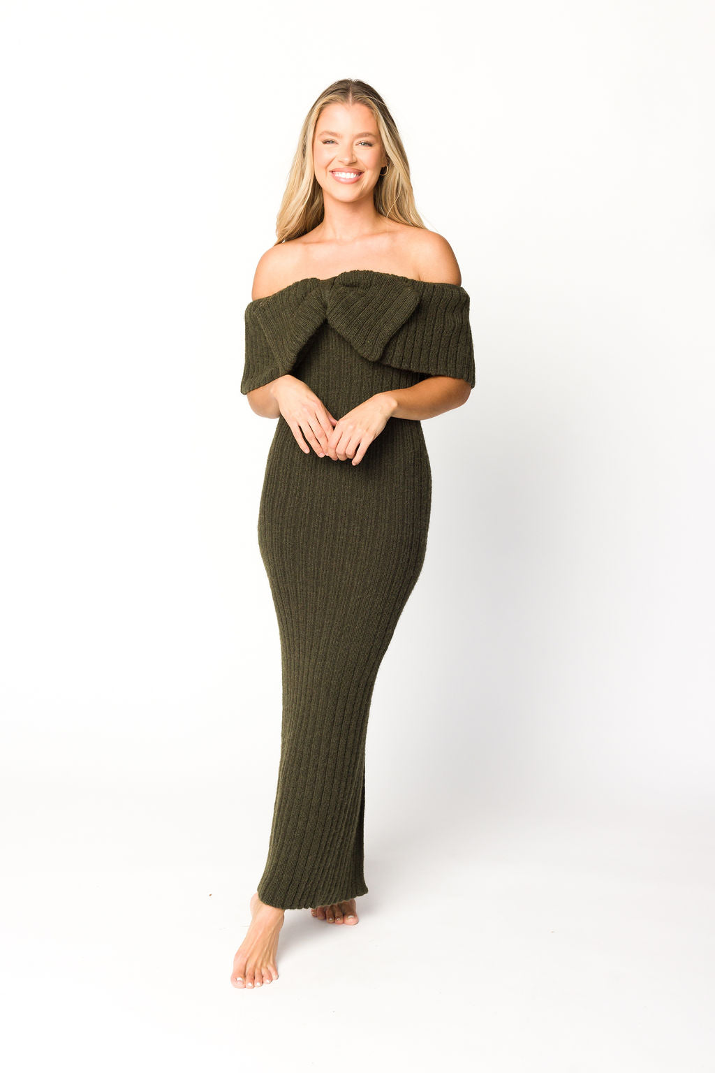 Aston Bow Front Maxi Sweater Dress in Dark Green - Bump Friendly Maternity Dress for Pregnancy, Nursing & Postpartum | Cozy Winter Outfit for Women