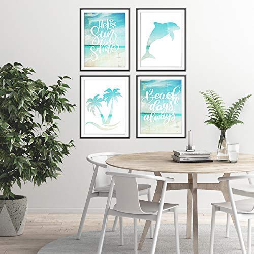 Beach Set Art Prints (Set of 4) - 11x14 Inches Unframed Wall Decor - Coastal Themed Paintings for Home & Office - Perfect for Living Room, Bedroom, Bathroom & Beach House Decor - Bring Ocean Vibes to Your Space