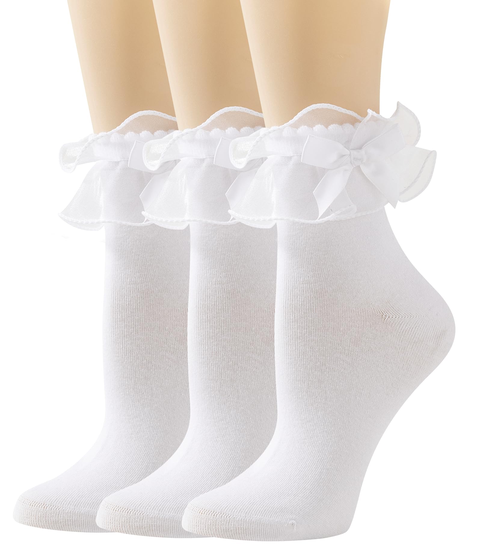 SEMOHOLLI Women's Lace Ruffle Ankle Socks - Cute Cotton Frilly Socks with Bow Trim for Casual Wear, Outfits & Gifts