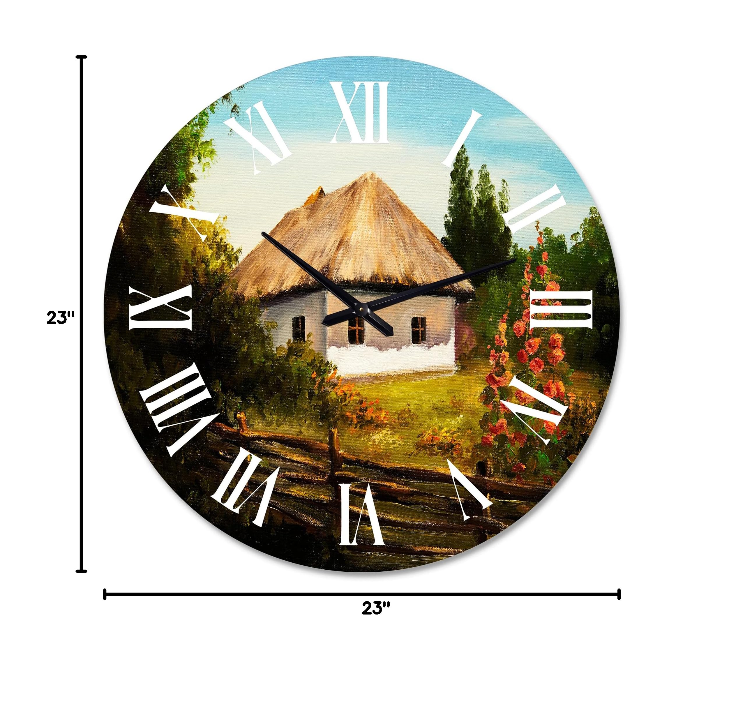 DesignQ Traditional Wall Clock - 'House On The Mountain with Blossoming Flowers II' Landscape Nature Decor - Large Silent Non-Ticking Clock for Living Room, Bedroom & Office