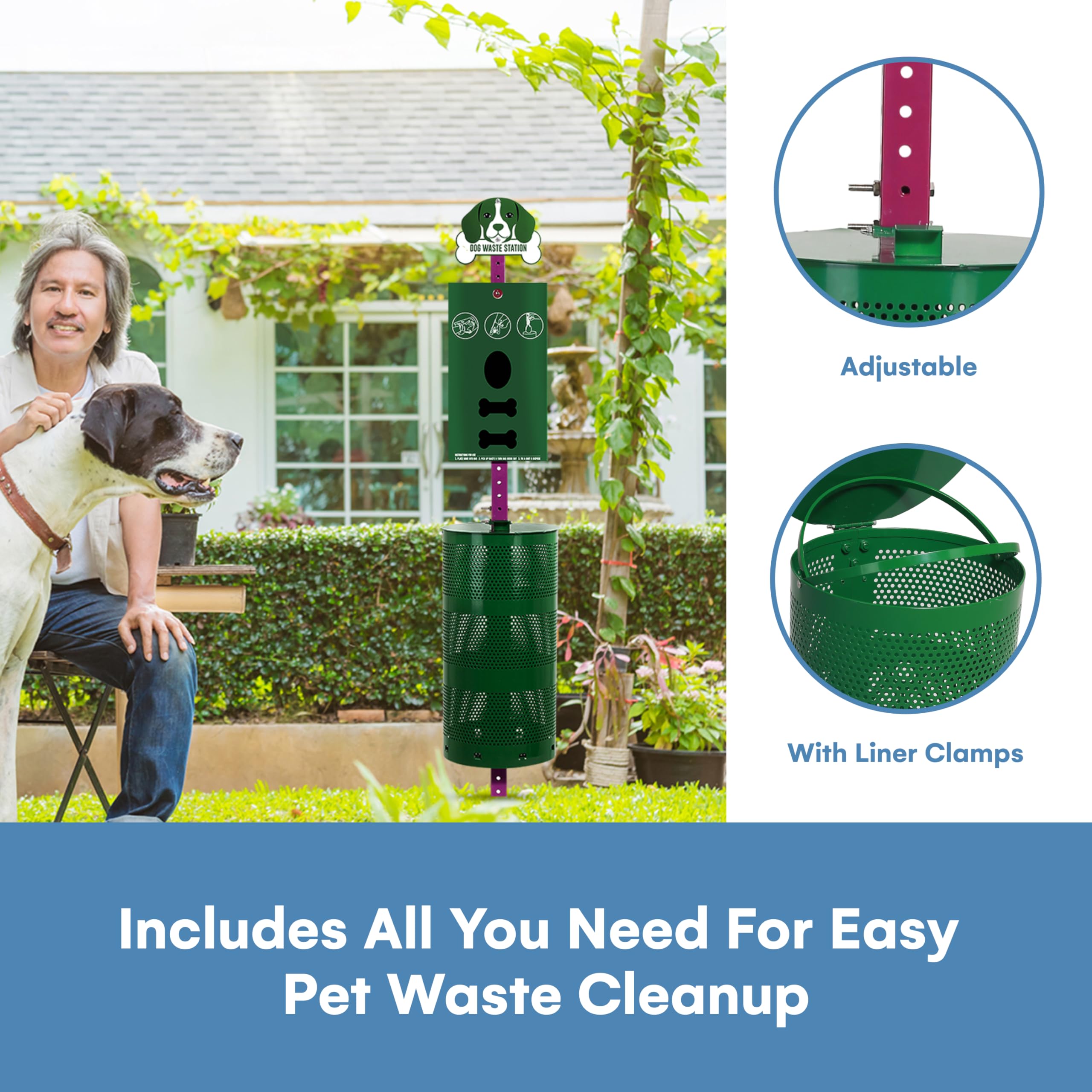 Flybold Dog Waste Station - Outdoor Dog Poop Trash Can with Poop Bag Dispenser - 400 Roll Bags, 200 Pull Bags, 50 Can Liners - Pet Waste Disposal System for Parks, Yards & Public Spaces - 13x26 Inches - Perfect for Dog Parks, Backyards & Community Areas