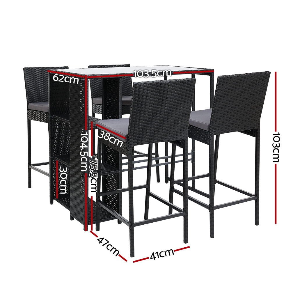 5-Piece Outdoor Bar Set - Rattan Wicker Patio Dining Chairs & Table with Stools for Backyard, Garden, Poolside or Deck Entertainment