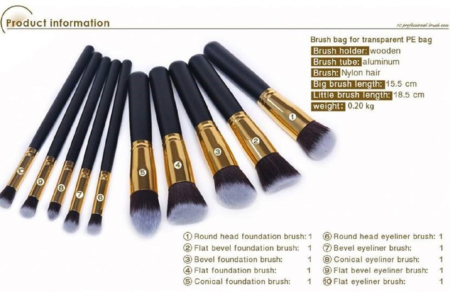 ZemGlam 10-Piece Makeup Brush Set (5 Big & 5 Small) - Black & Gold for Professional Makeup Application
