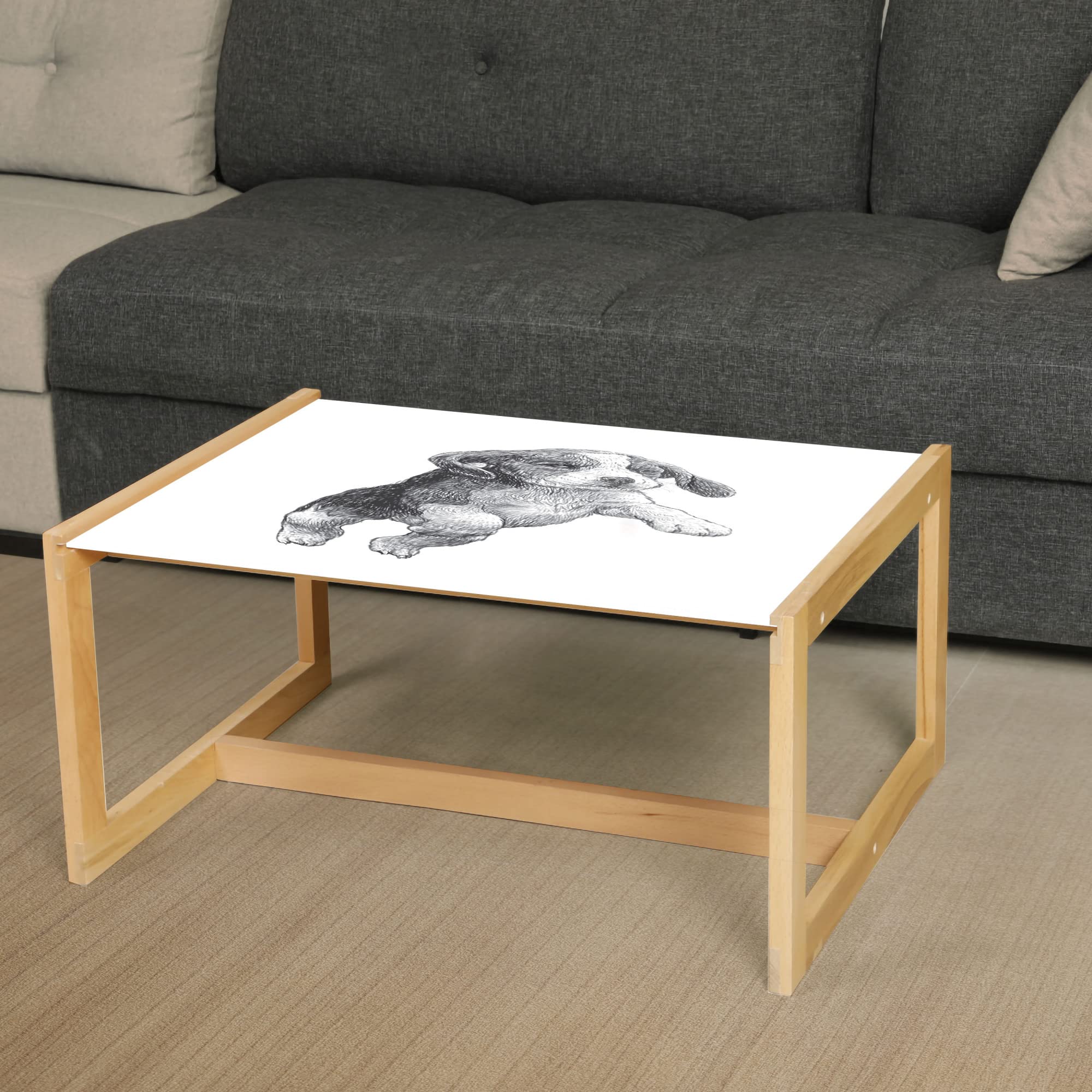 Ambesonne Beagle Coffee Table - Modern Acrylic Glass Center Table with Wooden Frame, Grey and White Pen Drawing of Jumping Beagle Dog - Perfect for Offices, Dorms, Living Rooms & Home Decor