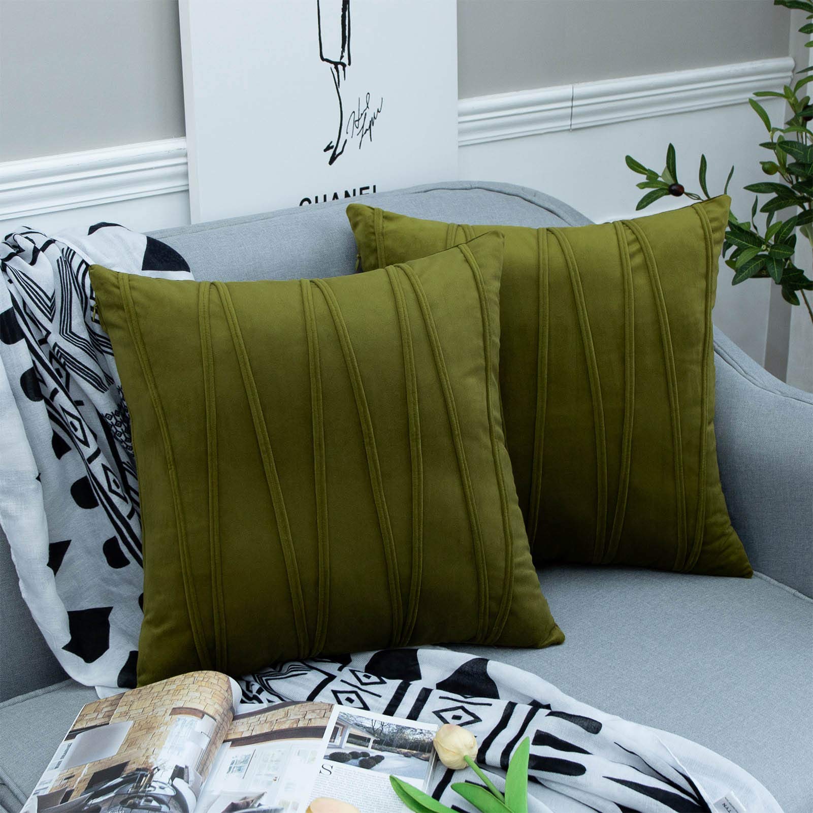 Luxury Velvet Striped Throw Pillow Covers Set of 2 - 26x26 Inch Decorative Cushion Covers for Sofa, Couch & Bed in Olive Green - Perfect for Living Room, Bedroom & Home Decor