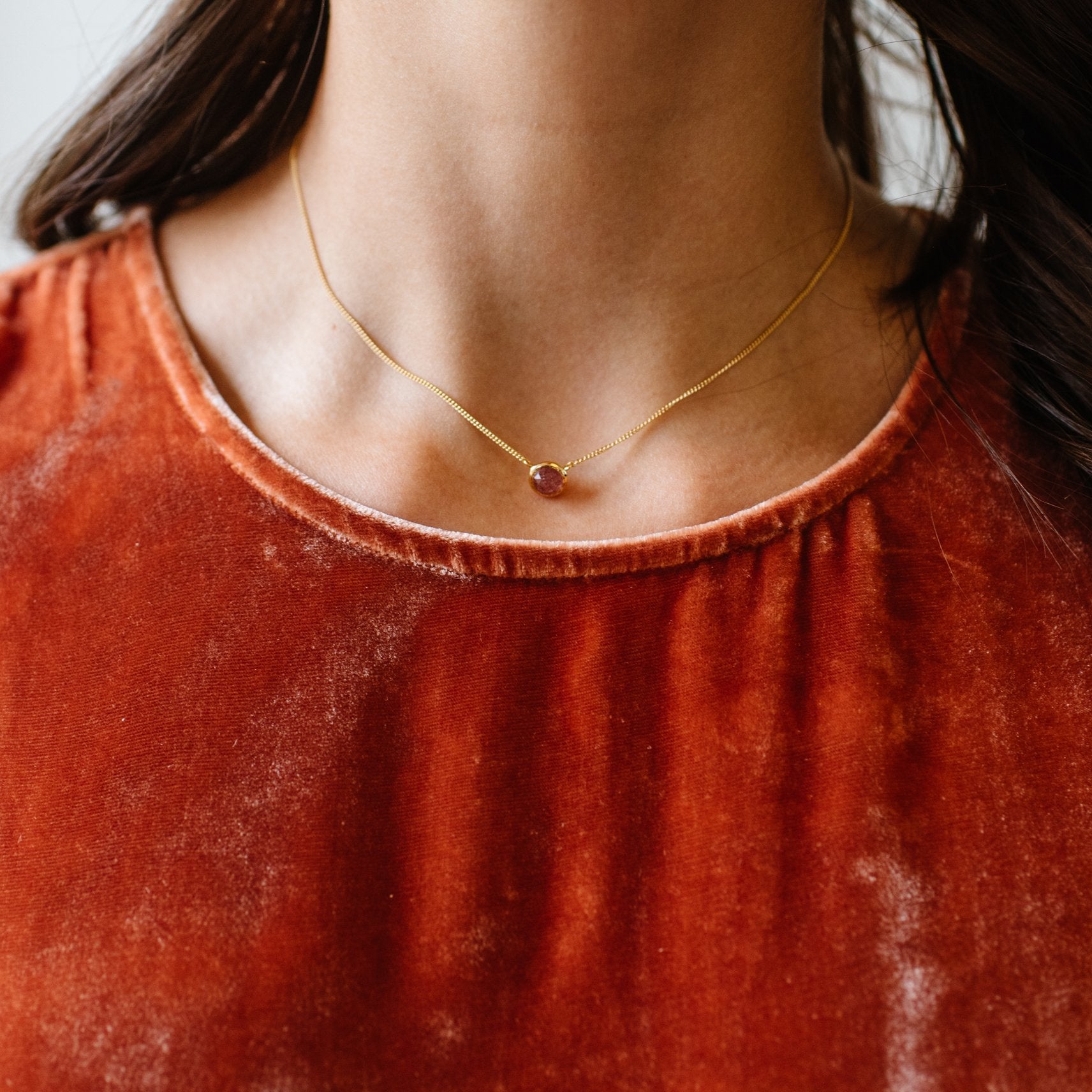 Dainty Legacy Necklace - Cranberry Quartz & Gold Pendant for Women, Elegant Jewelry Gift for Her, Perfect for Weddings, Anniversaries and Special Occasions