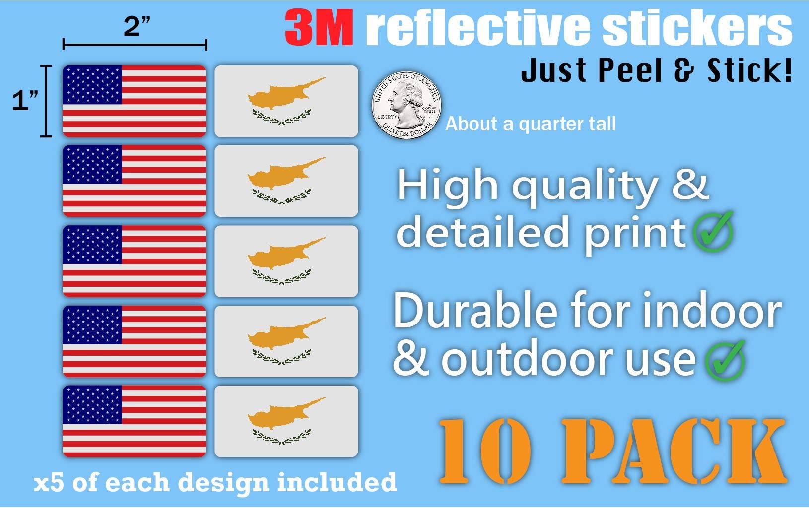 3M Reflective Cyprus & US Flag Stickers (10-Pack) - High Visibility Safety Decals for Hard Hats, Laptops, Bikes & Toolboxes | Perfect for Construction Workers, Cyclists & Outdoor Enthusiasts