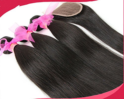 8A Brazilian Straight Virgin Hair Bundles with Free Lace Closure - 3 Bundles (24
