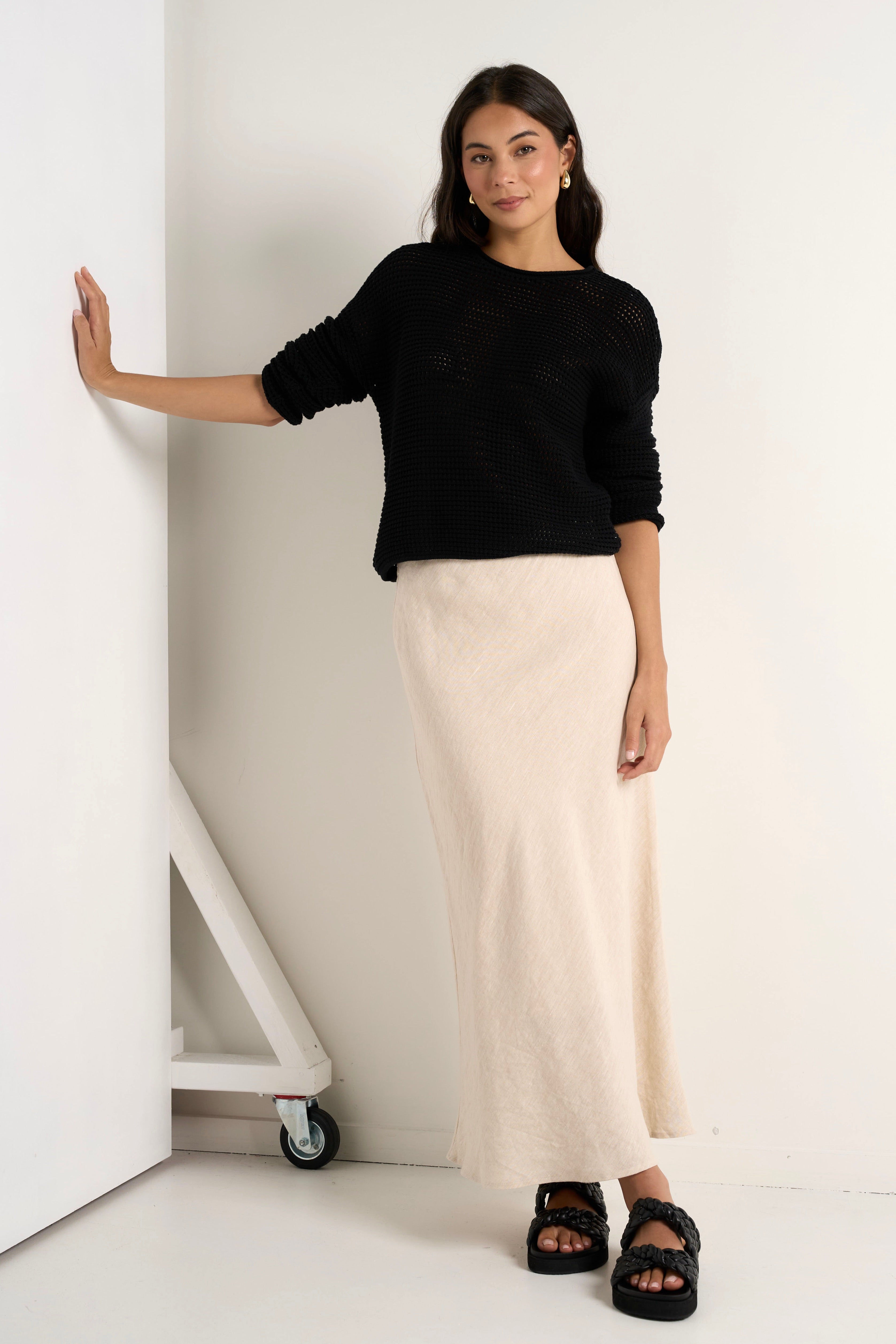 Bliss Natural Linen Bias Midi Skirt - Women's Flowy A-Line Summer Skirt with Side Slits | Perfect for Beach, Vacation & Boho Style Outfits