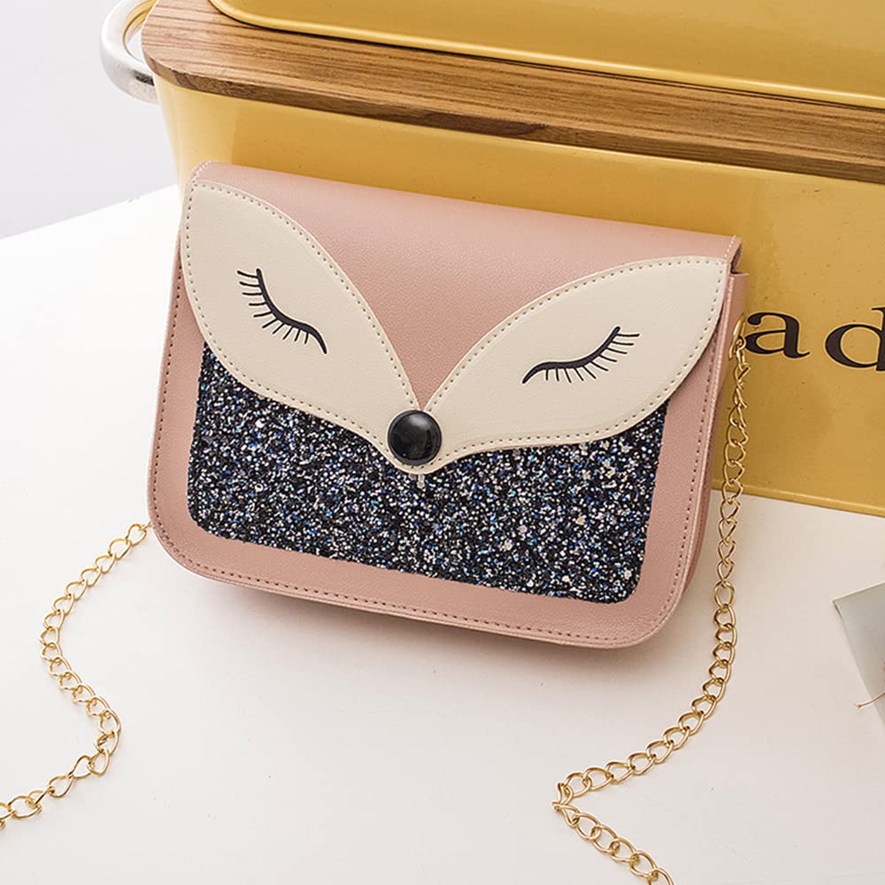 Cute Fox Sequins Leather Crossbody Bag for Little Girls - Small Shoulder Purse with Adjustable Strap, Kids Gift for Birthday, Party & School (Pink)