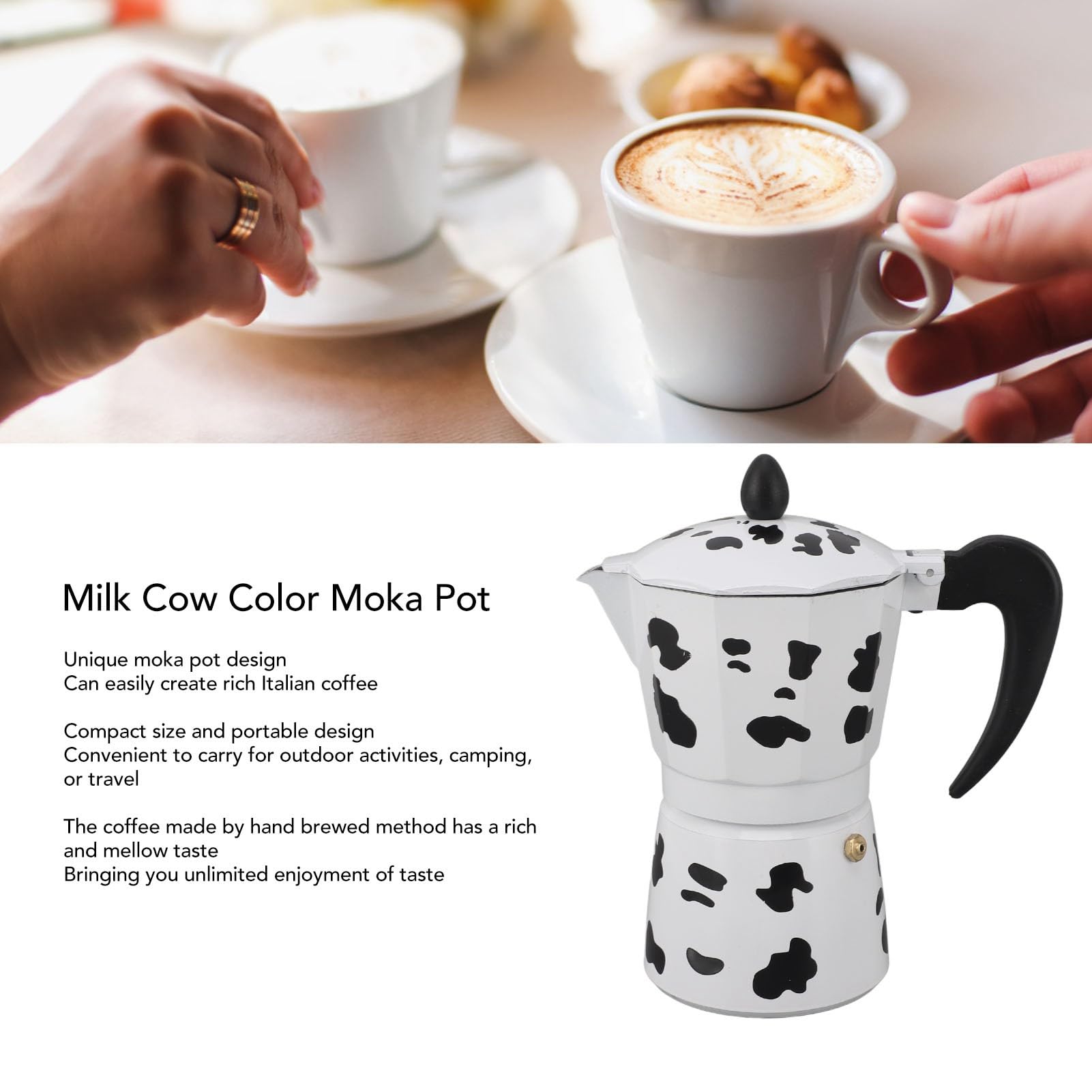 Fockety Stovetop Espresso Maker - 6 Cup Aluminum Moka Pot with Cow Print Design, Portable Italian Coffee Maker for Home, Cafe, Camping & Travel - Perfect for Outdoor Adventures and Italian-Style Coffee Brewing