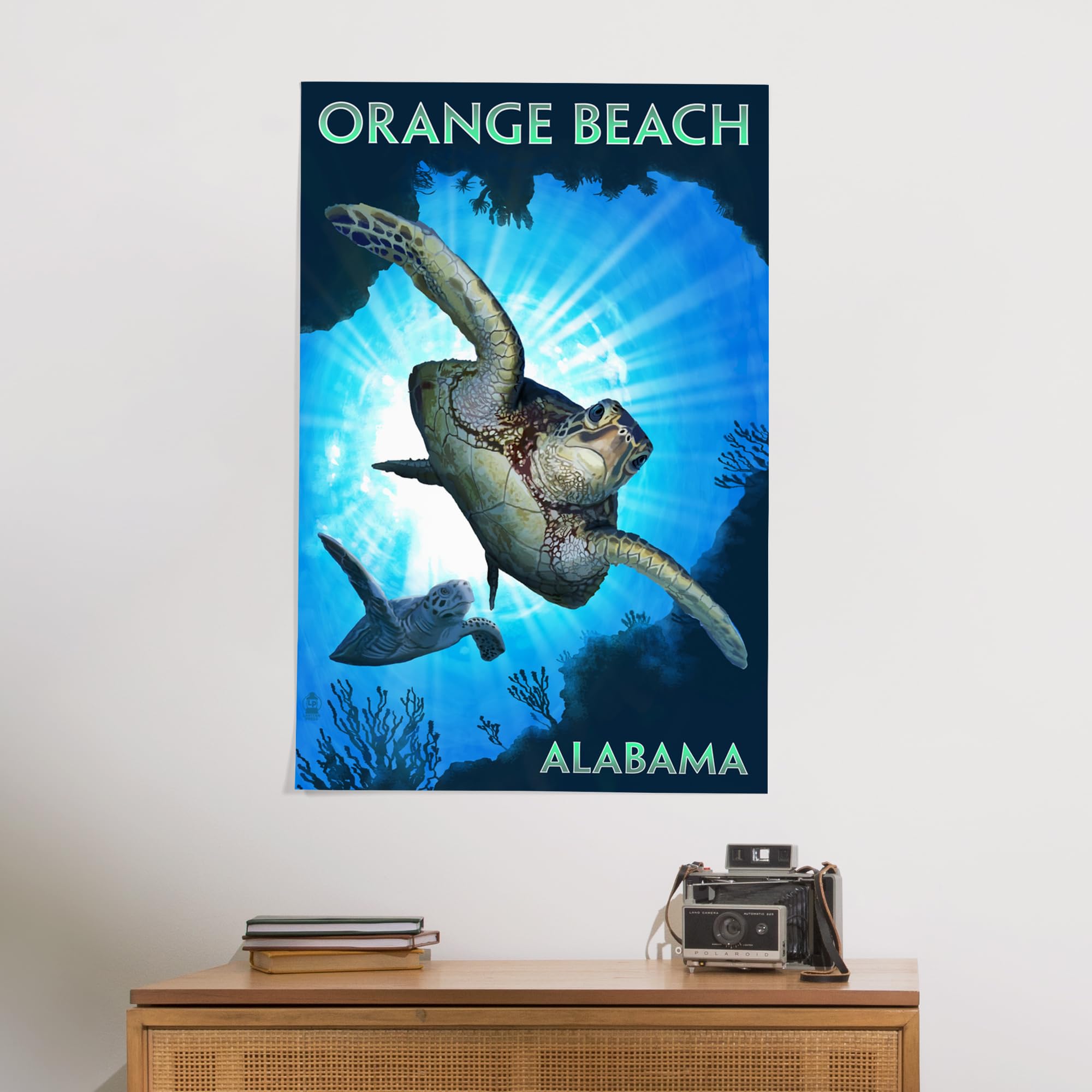 Lantern Press 24x36 Inch Giclee Art Print - Orange Beach Alabama Coastal Wall Decor with Sea Turtles Diving - Perfect for Beach House, Living Room or Office Wall Art