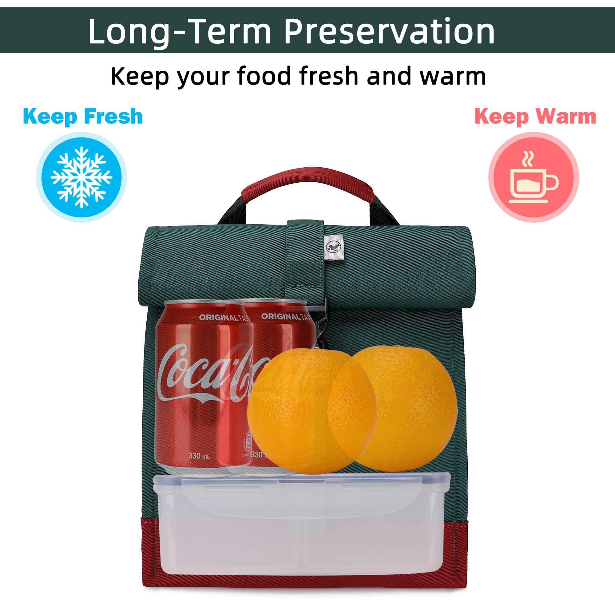 SUNNY BIRD Insulated Lunch Bag with Roll Top - Reusable Thermal Lunch Box Tote for Women, Men & Teens - Perfect for Work, School & Picnics (Green)