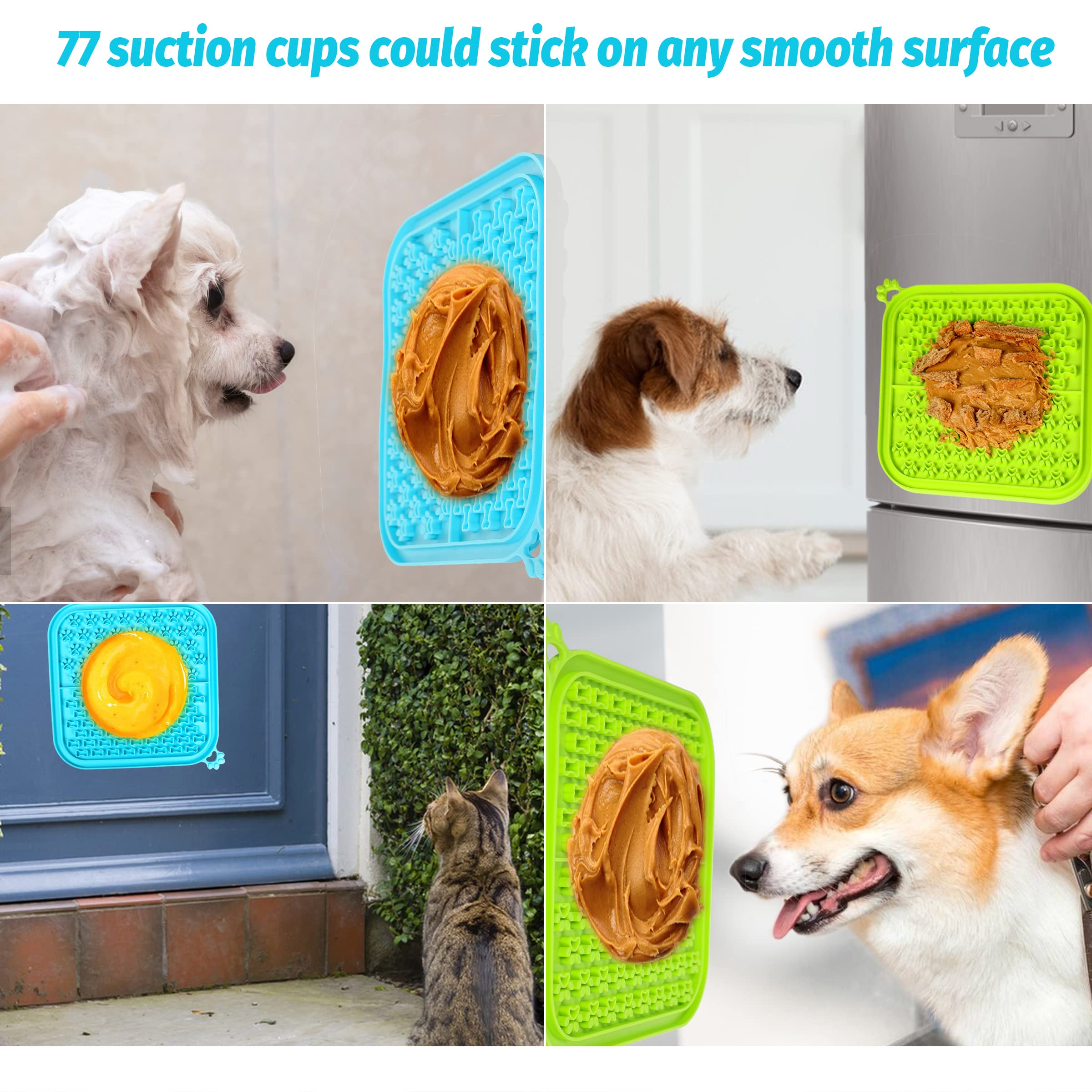 Non-Slip Lick Mat for Dogs - 2 Pack Slow Feeder with Suction Cups - Anxiety Relief & Mental Stimulation - Includes Scoop Spatula for Dog Treats & Cat Food (Blue & Green) - Perfect for Bath Time, Grooming & Mealtime Enrichment