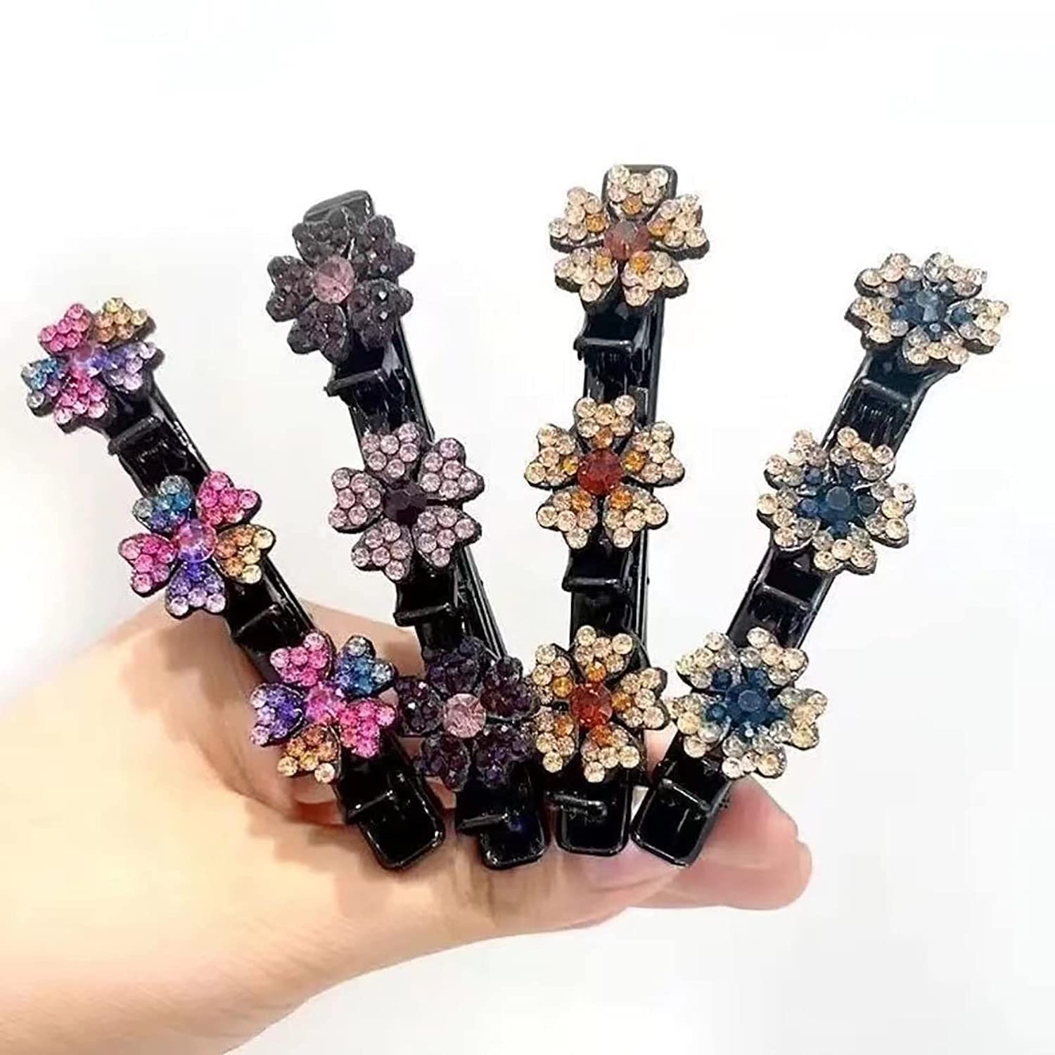 4pcs Sparkling Crystal Rhinestone Braided Hair Clips for Women - Elegant Triple Hair Clips with 3 Small Sectioning Clips - Perfect for Weddings, Parties and Everyday Styling