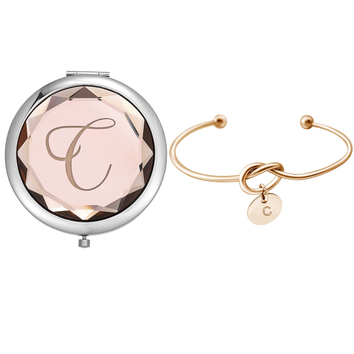 Elegant Compact Crystal Pocket Makeup Mirror Set - Personalized Letter ABCD Mirror with Love Knot Bracelet, Perfect for Bachelorette Party, Bridesmaid Proposal Gifts, Wedding Favors & Special Occasions (Champagne C) - Ideal for Travel, Home Vanity & On-the-Go Touch Ups