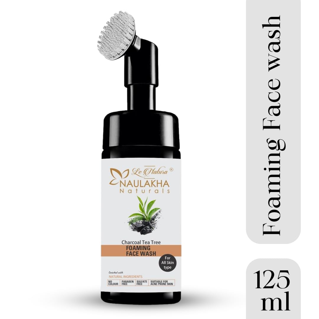 Le Natura Naulakha Naturals Charcoal Tea Tree Foaming Face Wash with Built-In Brush - Anti-Acne, Oil Control Cleanser for Men & Women | Vegan, No Harsh Chemicals | Daily Skincare Routine for Clear, Healthy Skin