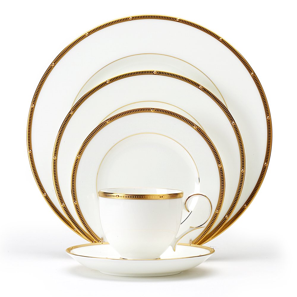 Noritake Rochelle Gold 5-Piece Dinnerware Set - Elegant Bone China Plates, Bowls & Cups for Formal Dining, Wedding Registry & Special Occasions