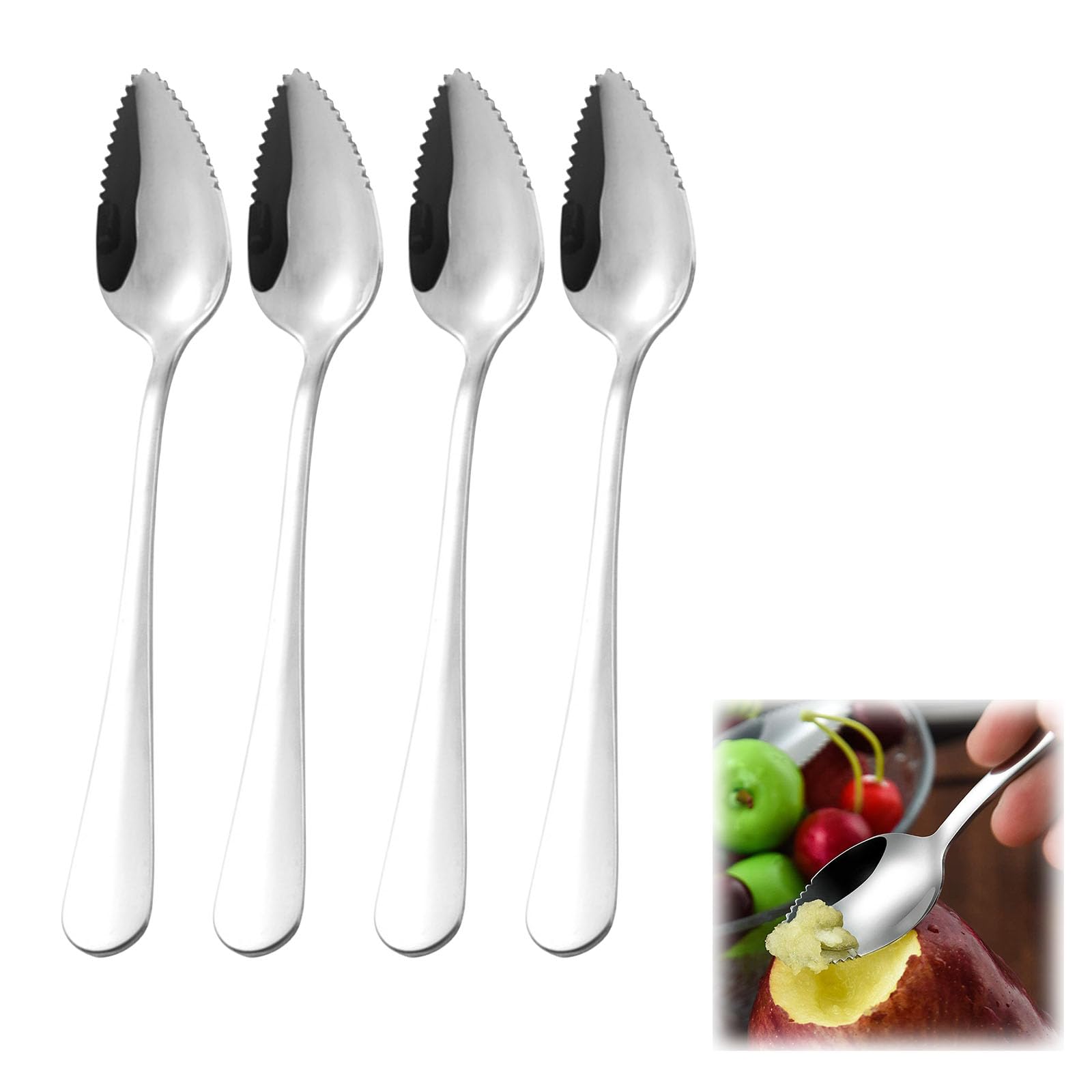 4PC Stainless Steel Serrated Fruit Spoon Set - Perfect for Grapefruit, Orange, Kiwi, Dessert, Salad & Ice Cream | Dishwasher Safe | Ideal for Kitchen, Picnic, Camping & Party Use