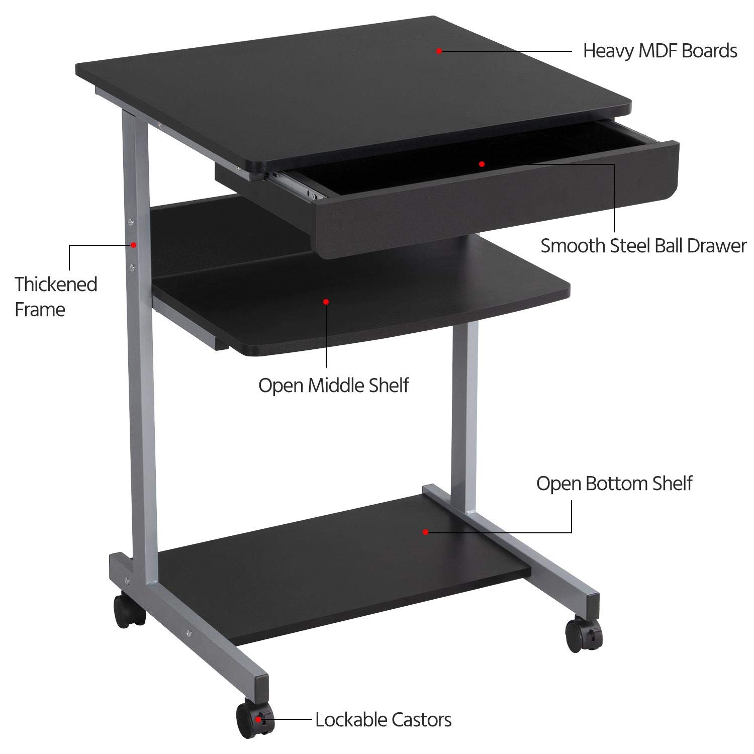 Topeakmart Mobile Compact Computer Desk Cart with Wheels - Small Space Workstation, Writing Desk with Drawers & Printer Shelf | Ideal for Home Office, Dorm Room, and Small Apartment Workspaces