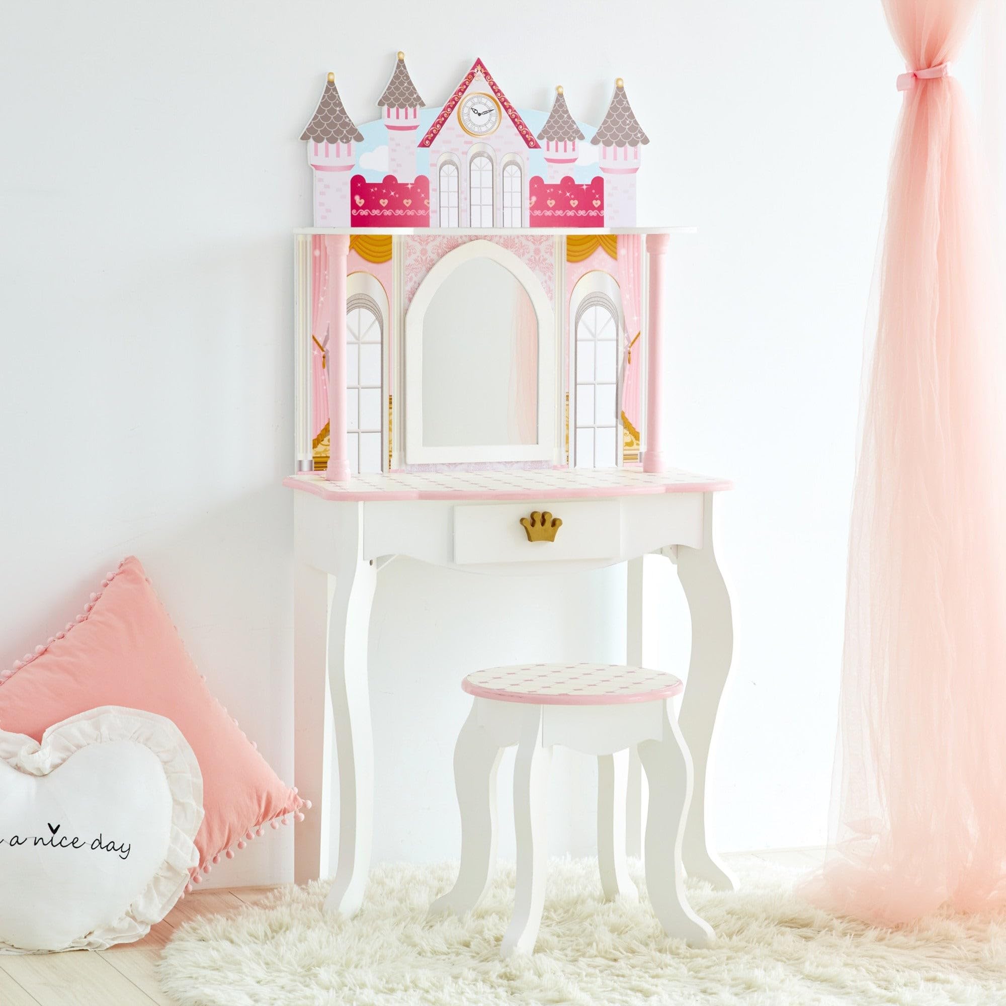 Teamson Kids Dreamland Princess Play Vanity Set with Mirror, Shelf, Storage Drawer & Stool - White & Pink Doll Furniture for 12